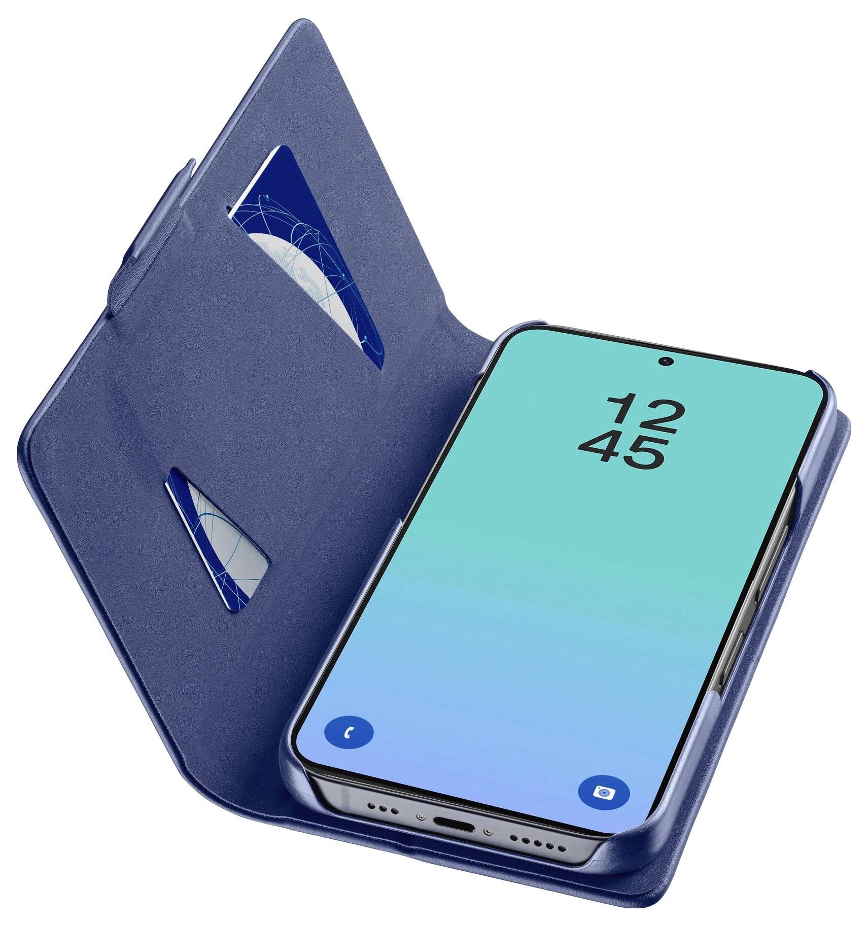 Smartphone in einem blauen Foliohülle-Etui offen dargestellt, zeigt den Sperrbildschirm mit 12:45 und Anruf- und Kamera-Symbolen.