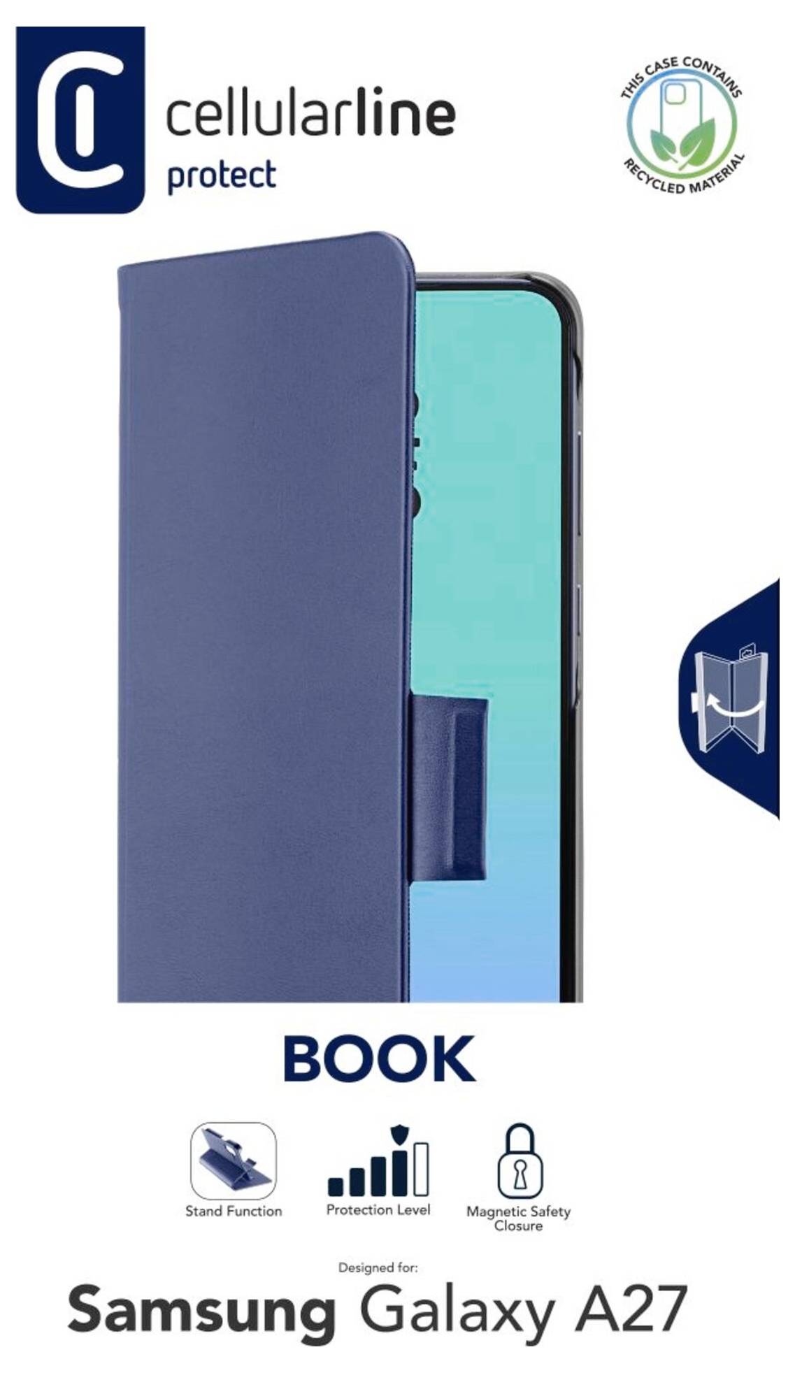 Cellularline Protect Schutzhülle im Buch-Stil in Blau für Samsung Galaxy A27, mit Standfunktion, Schutzniveau und magnetischem Sicherheitsverschluss.