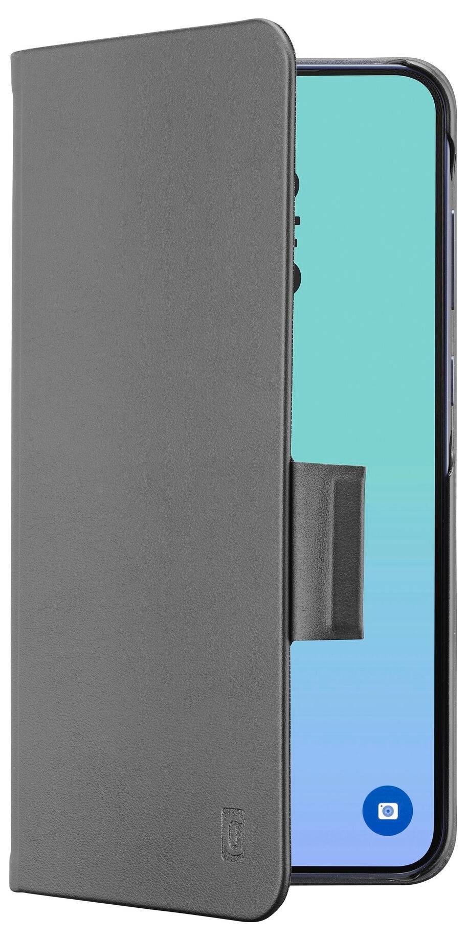 Smartphone in einem grauen Folio-Gehäuse mit vorne teilweise geöffnetem Deckel, der den Telefonbildschirm und das Kamerasymbol zeigt.