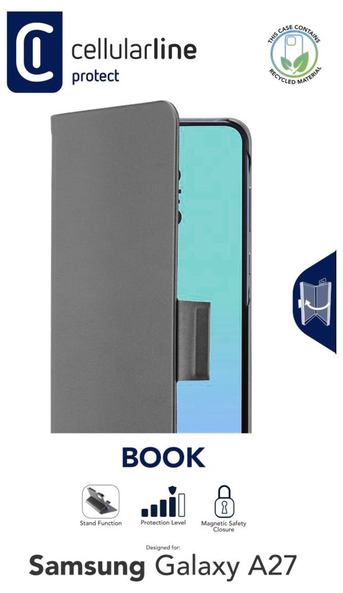 Cellularline Protect Buch-förmige Schutzhülle für Samsung Galaxy A27 in Grau, geöffnet dargestellt mit Standfunktion und Magnetverschluss-Symbolen.