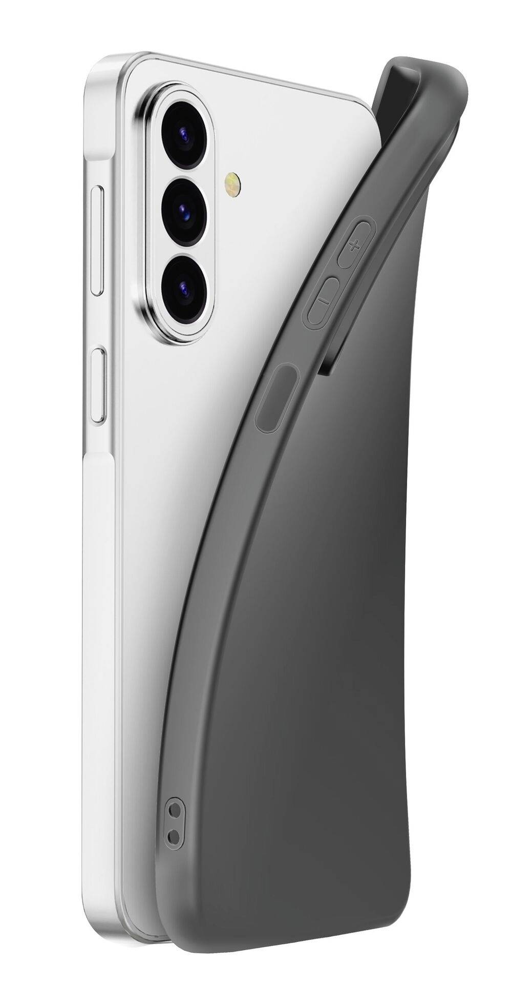 Silbernes Smartphone mit schwarzer gebogener Schutzhülle, die über die Rückseite und Seitenseite angebracht ist und das rückseitige Triple-Kamera-Array zeigt.