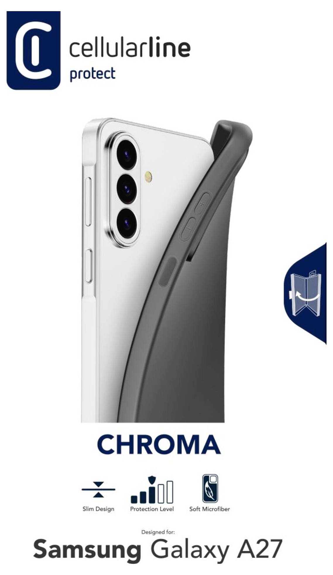 Cellularline Protect Chroma Handyhülle für Samsung Galaxy A27, gezeigt auf einem weißen Telefon mit Kameraausschnitt und Symbolen für schlankes Design.