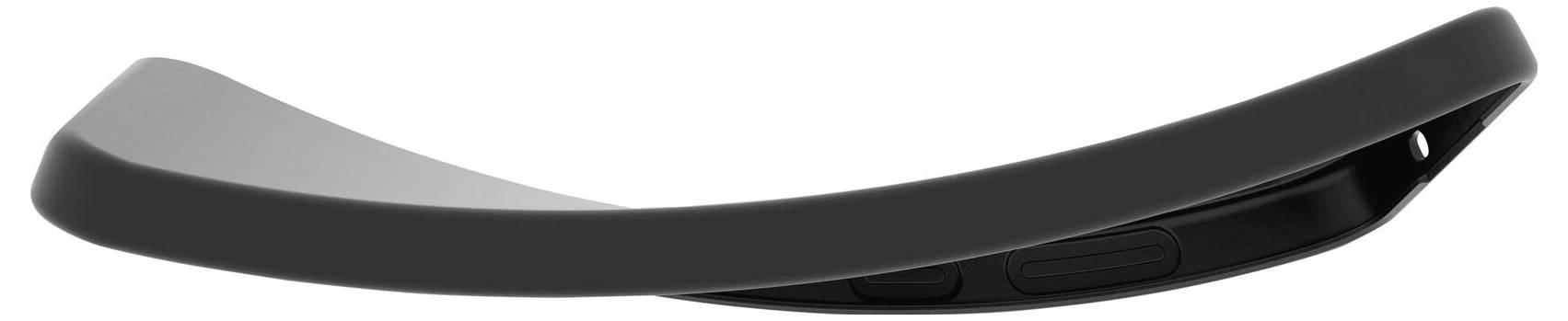 Schwarzer gebogener ergonomischer Sitz oder Sattelprofil, shown in Seitenansicht auf weißem Hintergrund.