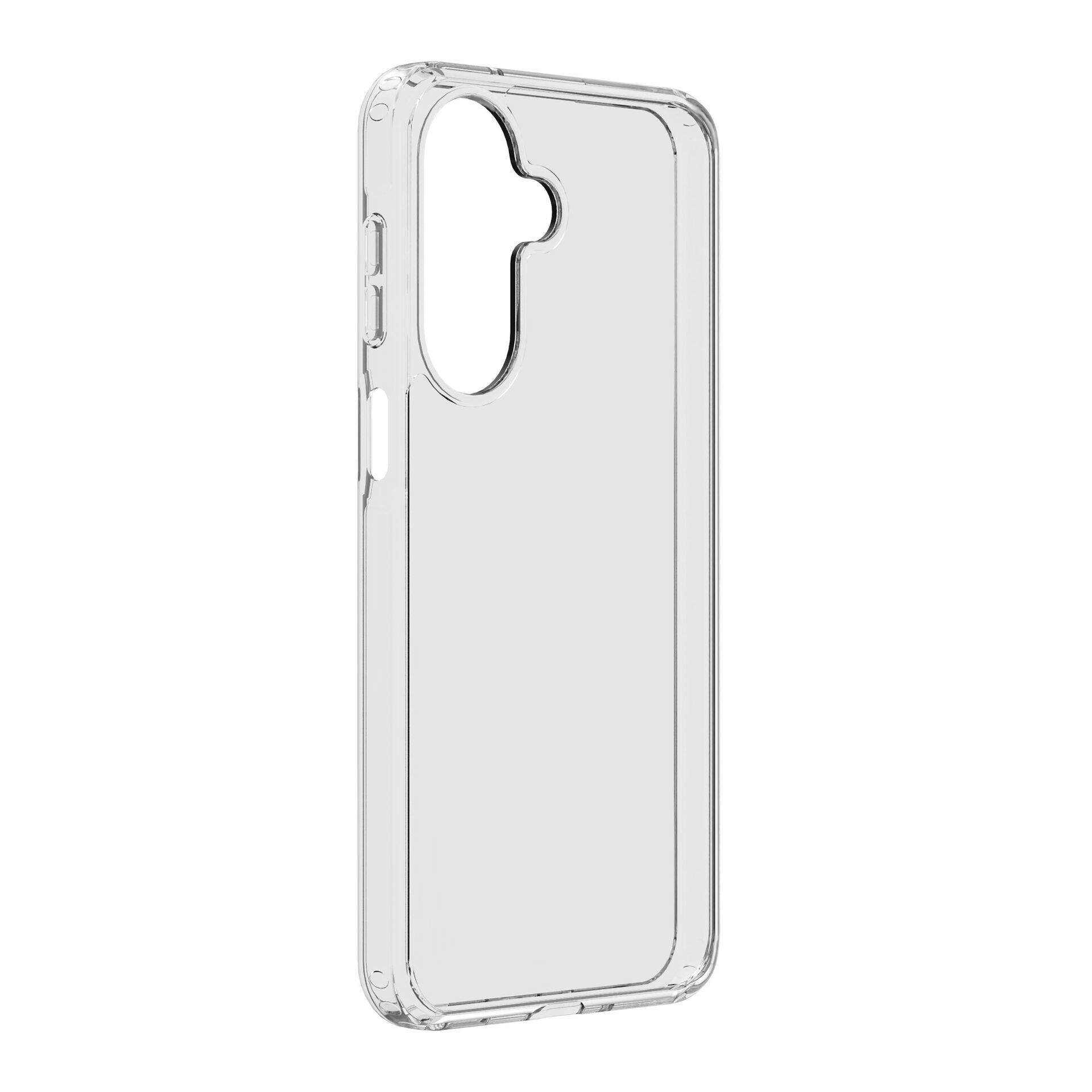 Transparente Schutzhülle für Smartphone mit erhöhtem Kameraausschnitt, auf einfachem weißem Hintergrund dargestellt.