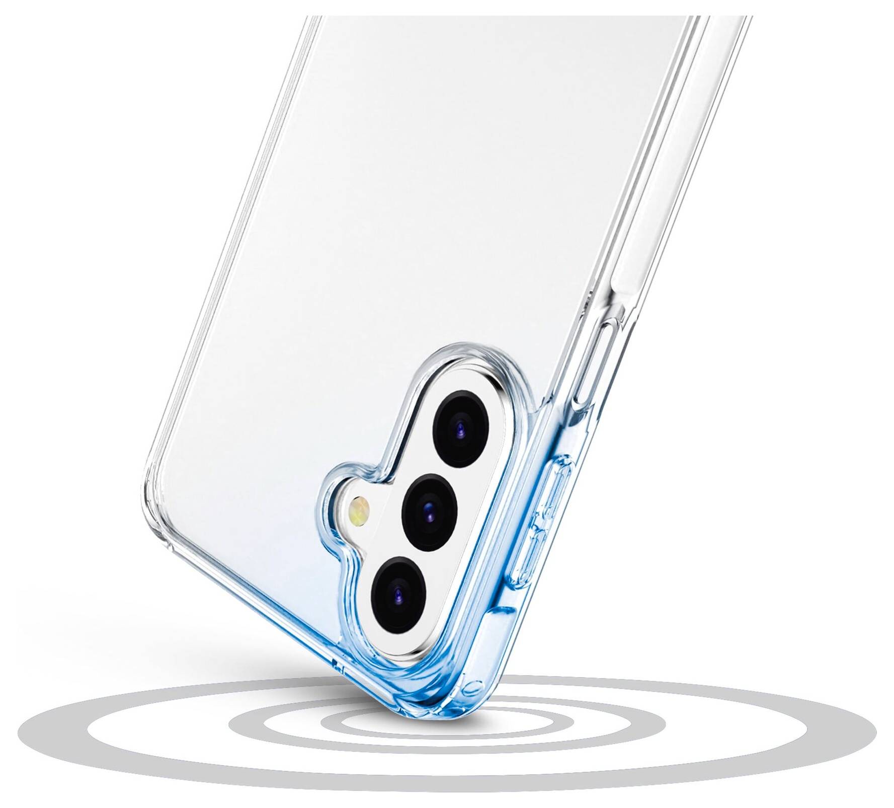 Klare Smartphone-Schutzhülle, die die Ecke eines Telefons mit dreifacher Rückkamera und blaugetönten Kanten schützt, ruht auf einer zielscheiben-ähnlichen Wellengrafik.