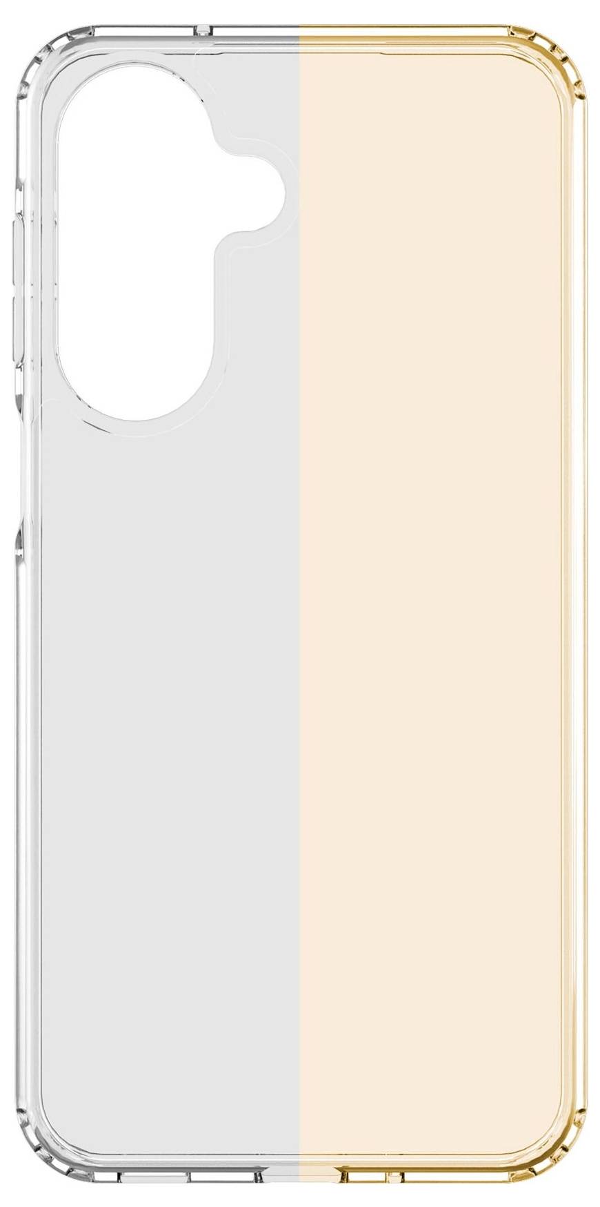 Transparente Smartphone-Hülle mit zweifarbiger Rückseite: klare linke Seite und hellpfirsichfarbige rechte Seite, von vorne gezeigt.