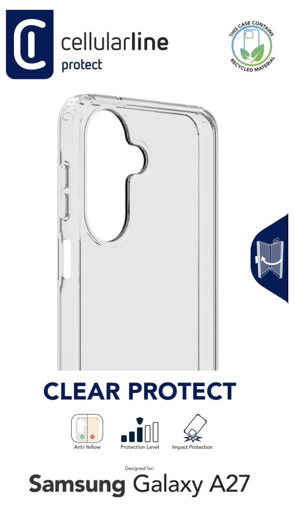 Produktbild der Cellularline Clear Protect transparenten Handyhülle für Samsung Galaxy A27, die Antivergilbung, Schutzklasse und Stoßschutz hervorhebt.