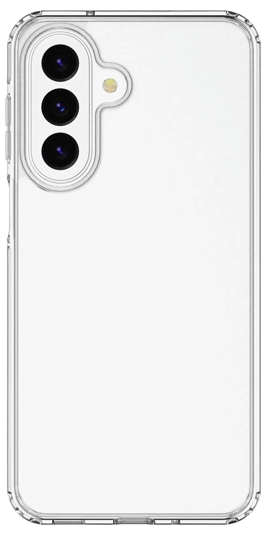 Transparentes Handyhülle, die die Rückseite eines Smartphones mit dreifacher Kameraaussparung und Blitzöffnung zeigt.