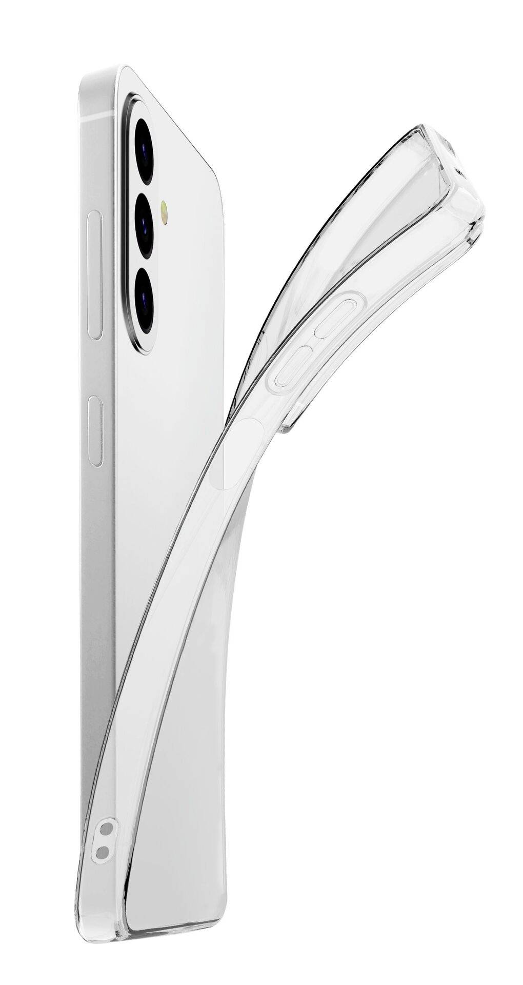 Klare Schutzhülle für Smartphones neben einem silbernen Smartphone abgebildet, wobei das schlanke, geschwungene Design der Hülle und die Kameraaussparung hervorgehoben werden.