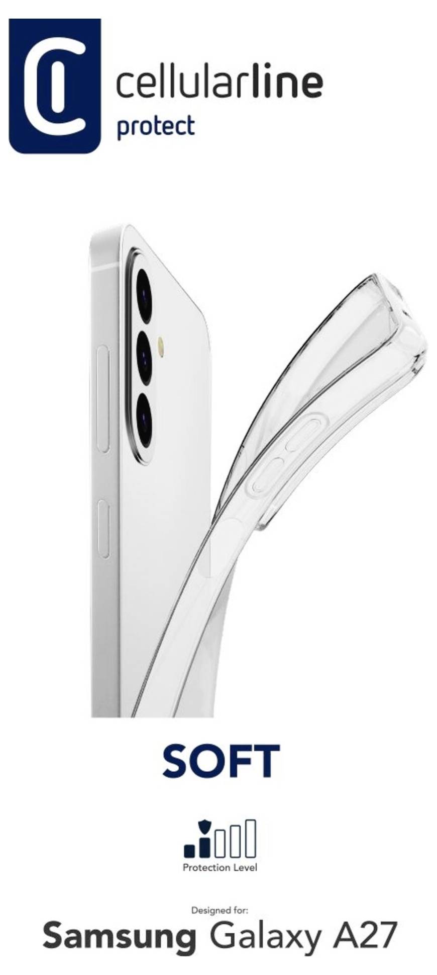 Werbebild für Cellularline Protect 'SOFT' transparente Handyhülle, gezeigt auf einem Samsung Galaxy A27 mit Symbol 'Schutzstufe'.