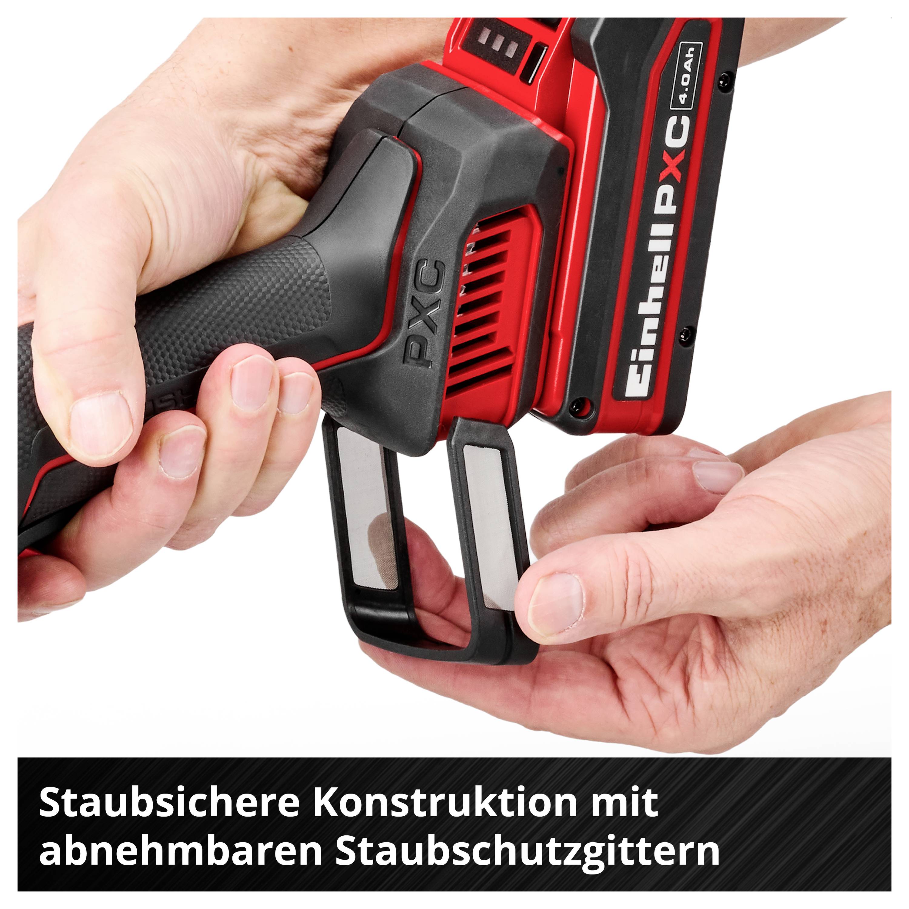 Hände entfernen Staubschutzgitter von einem Einhell PXC-Gerät; Text: 'Staubsichere Konstruktion mit abnehmbaren Staubschutzgittern'