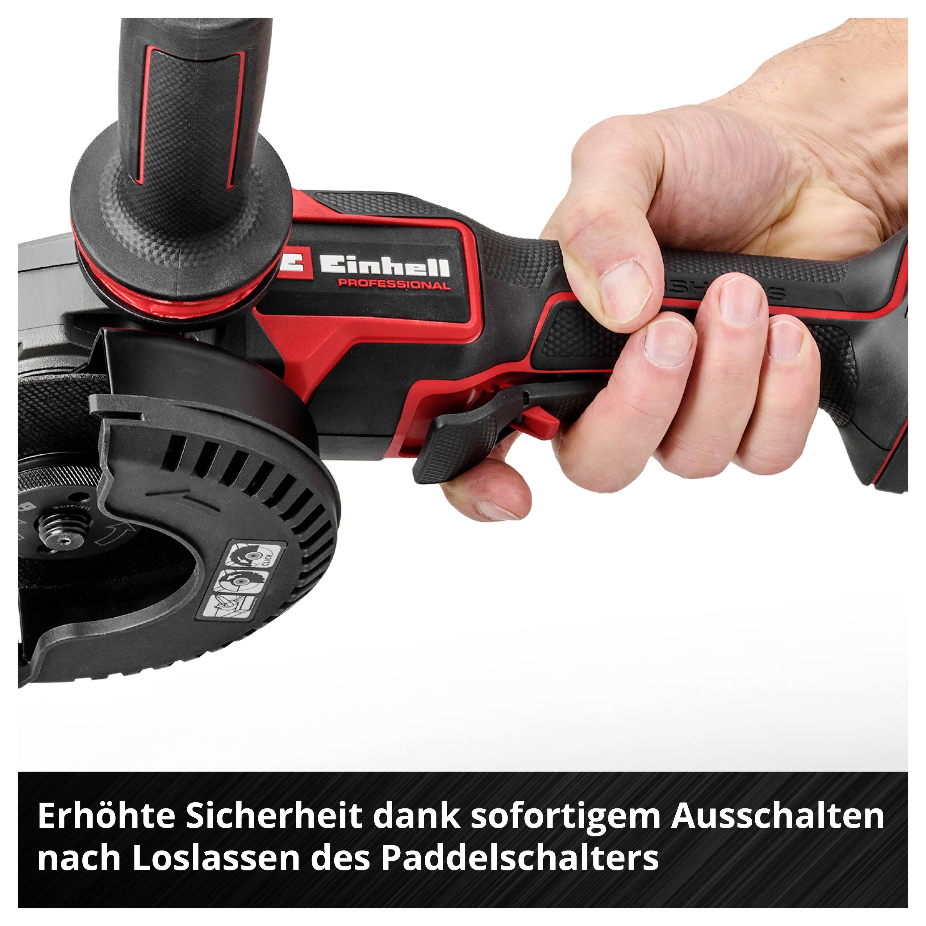 Hand hält einen Einhell-Winkelschleifer mit Zusatzgriff; Hinweis: 'Erhöhte Sicherheit dank sofortigem Ausschalten nach Loslassen des Paddelschalters'
