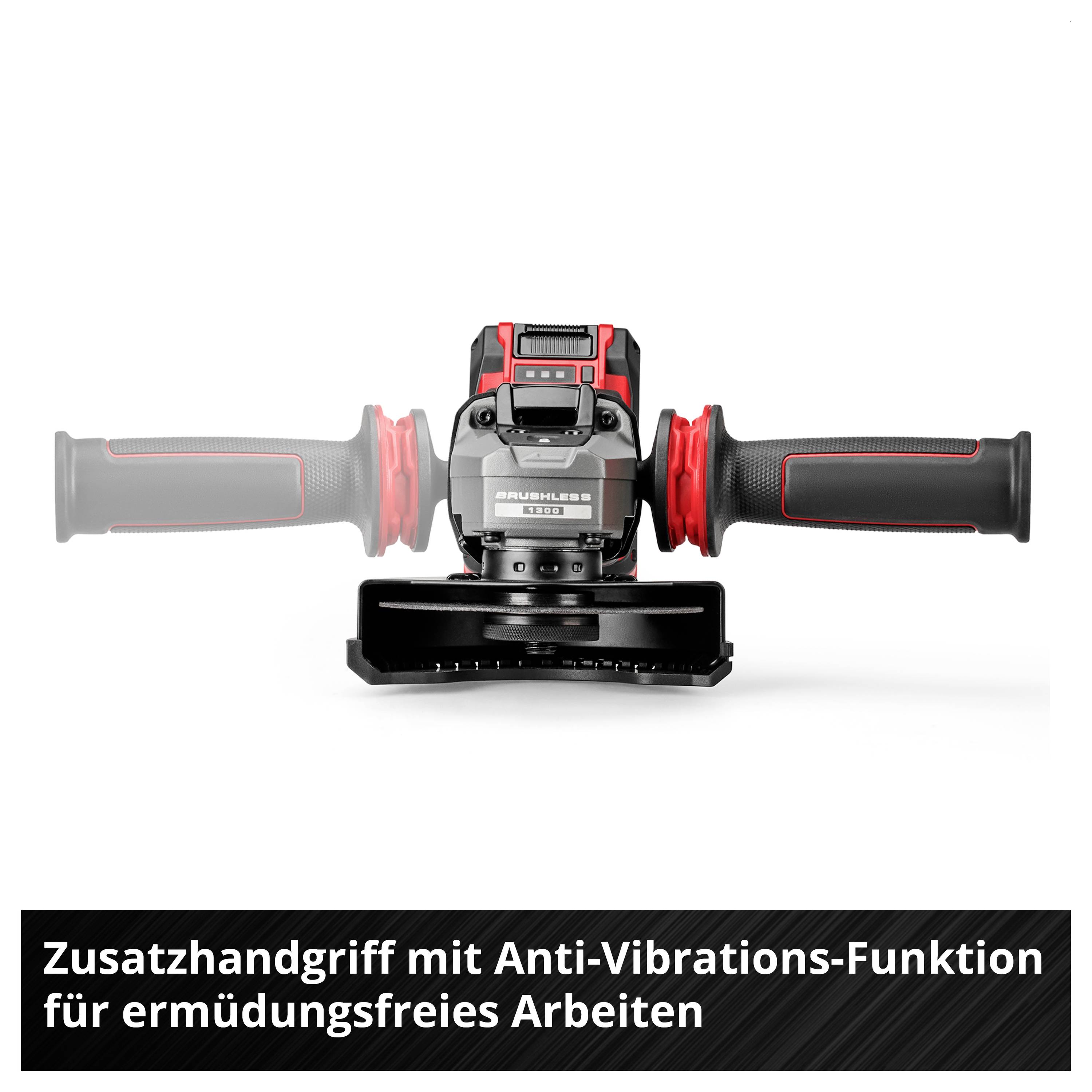 Zusatzhandgriff für ein Werkzeug mit Anti-Vibrations-Funktion; beschriftet mit 'für ermüdungsfreies Arbeiten' und verstellbaren Griffen links und rechts.