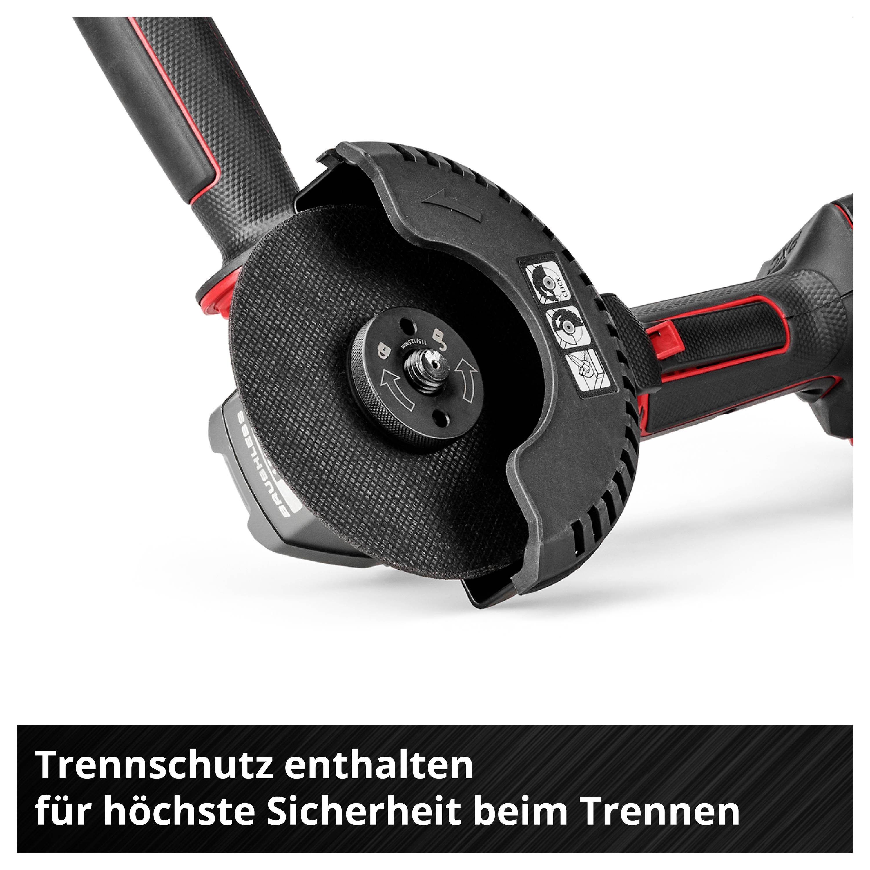 Nahaufnahme eines Winkelschleifers mit montierter Trennschutzhaube; darunter der Hinweis 'Trennschutz enthalten für höchste Sicherheit beim Trennen'.
