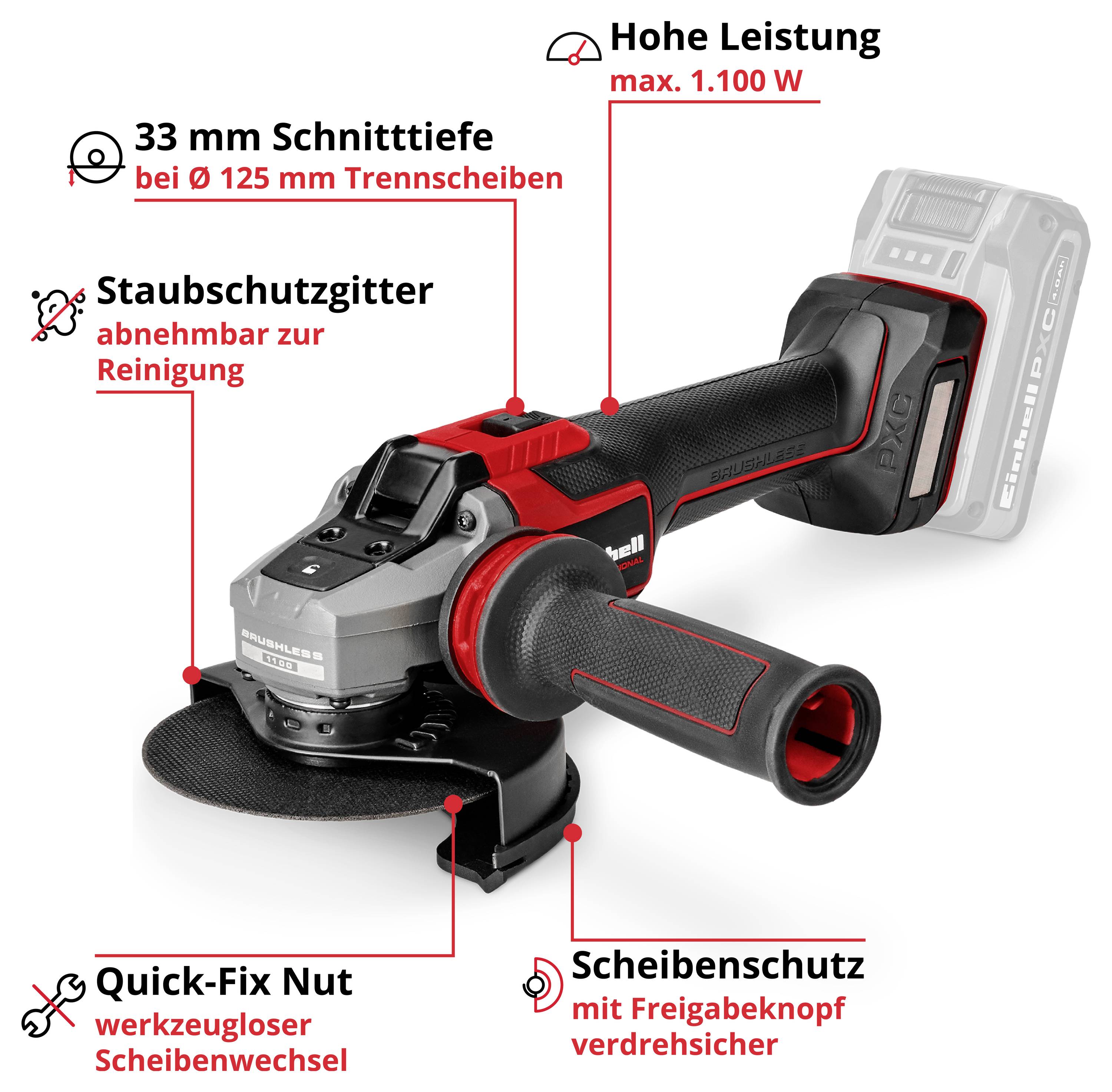 Akku-Winkelschleifer mit Beschriftungen: 33 mm Schnitttiefe für 125-mm-Trennscheiben, abnehmbares Staubschutzgitter, 1.100 W, Quick-Fix-Nut, Scheibenschutz mit Freigabeknopf.