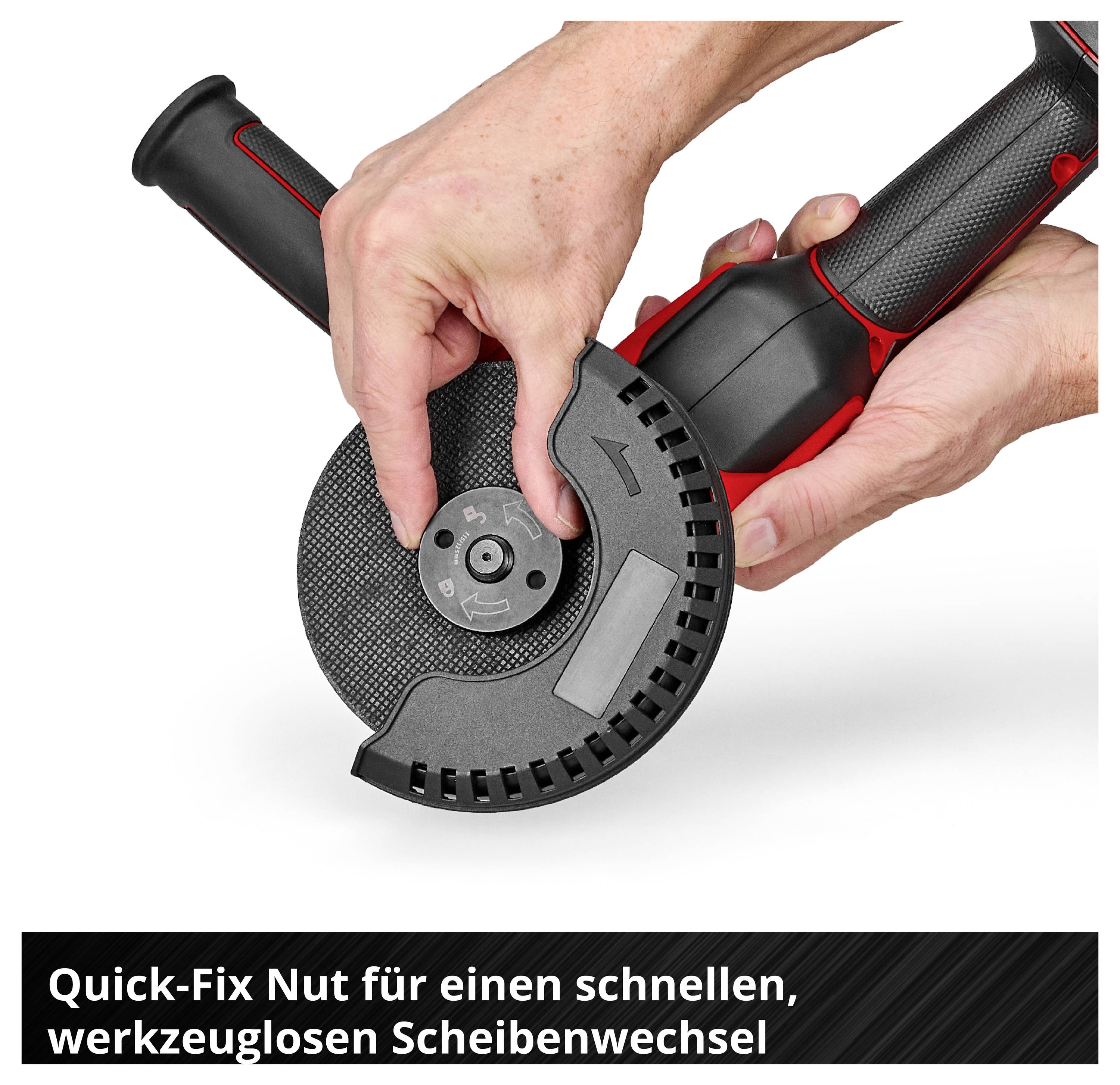 Hände wechseln die Trennscheibe einer Winkelschleifer mithilfe einer Quick-Fix-Mutter werkzeuglos; Text: 'Quick-Fix Nut für einen schnellen, werkzeuglosen Scheibenwechsel'