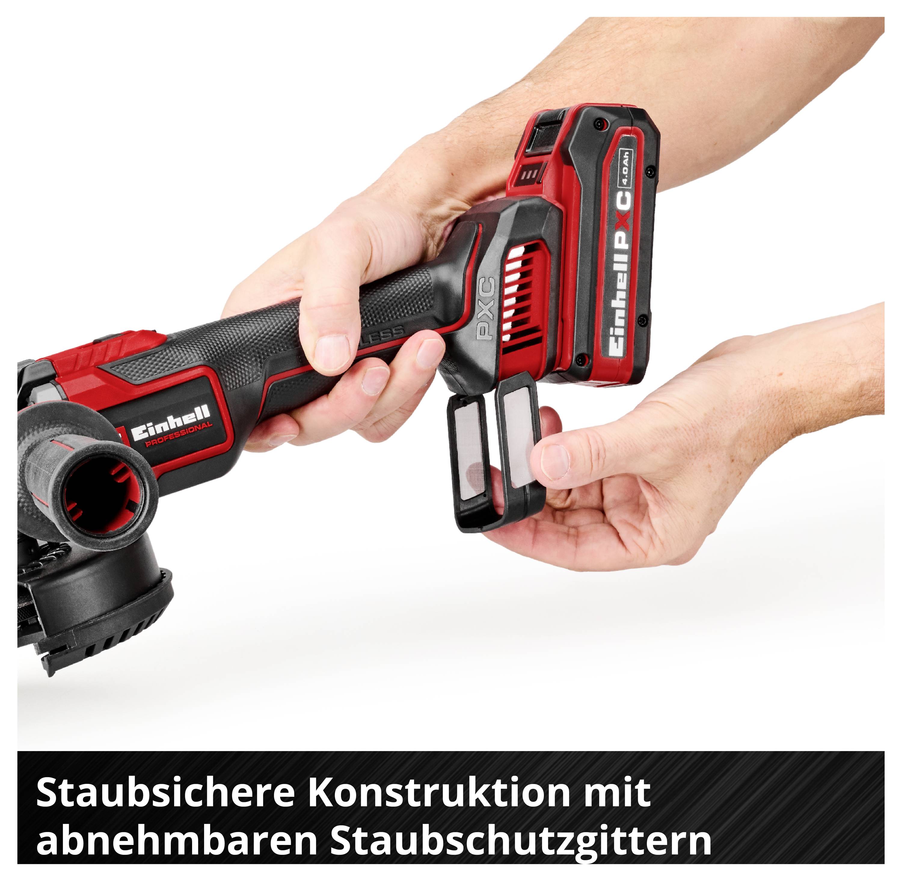 Einhell Akku-Werkzeug mit eingesetztem Akku; Hände nehmen zwei Staubschutzgitter ab. Text: 'Staubsichere Konstruktion mit abnehmbaren Staubschutzgittern'.