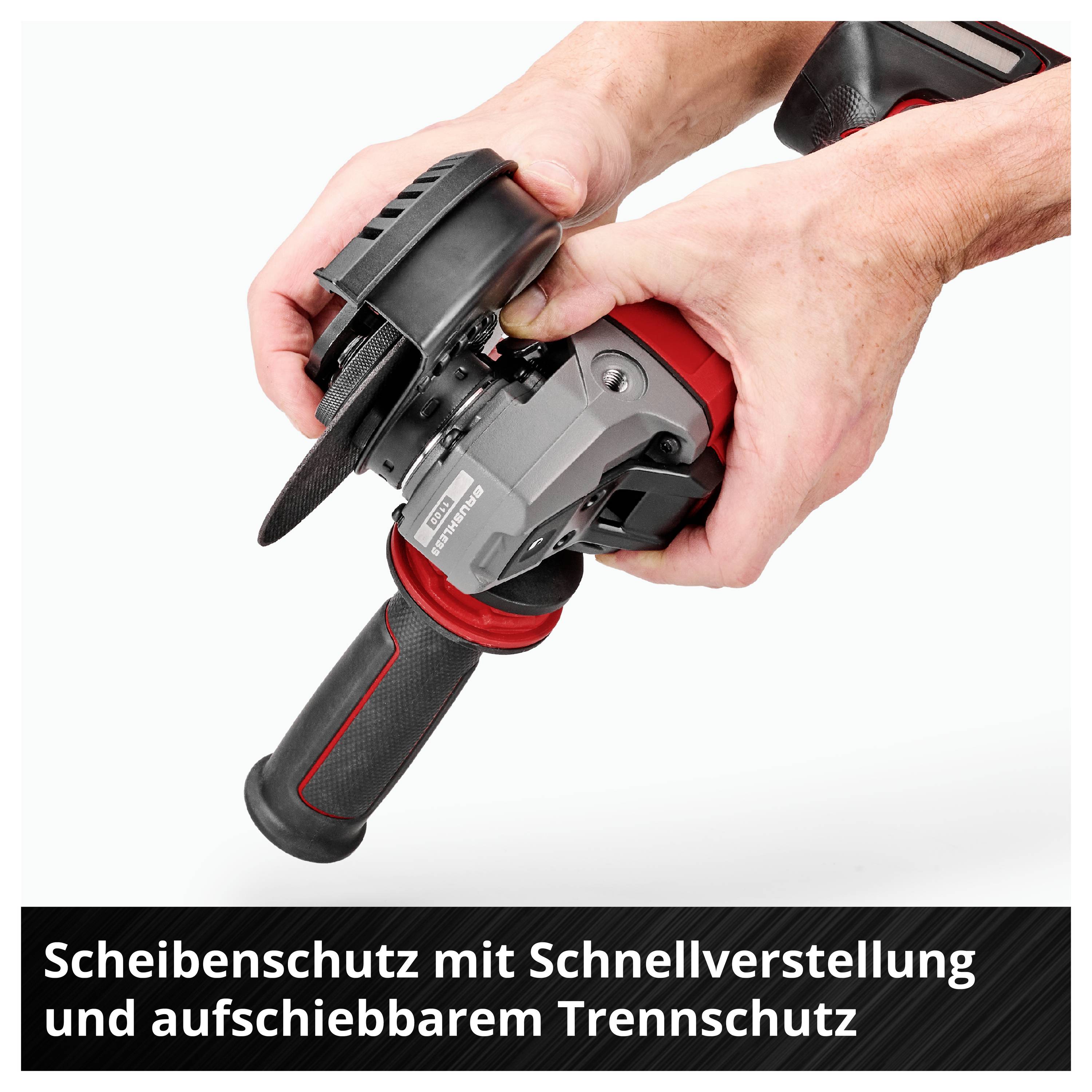 Hände verstellen den Scheibenschutz eines Winkelschleifers mit aufschiebbarem Trennschutz; unten steht 'Scheibenschutz mit Schnellverstellung und aufschiebbarem Trennschutz'.