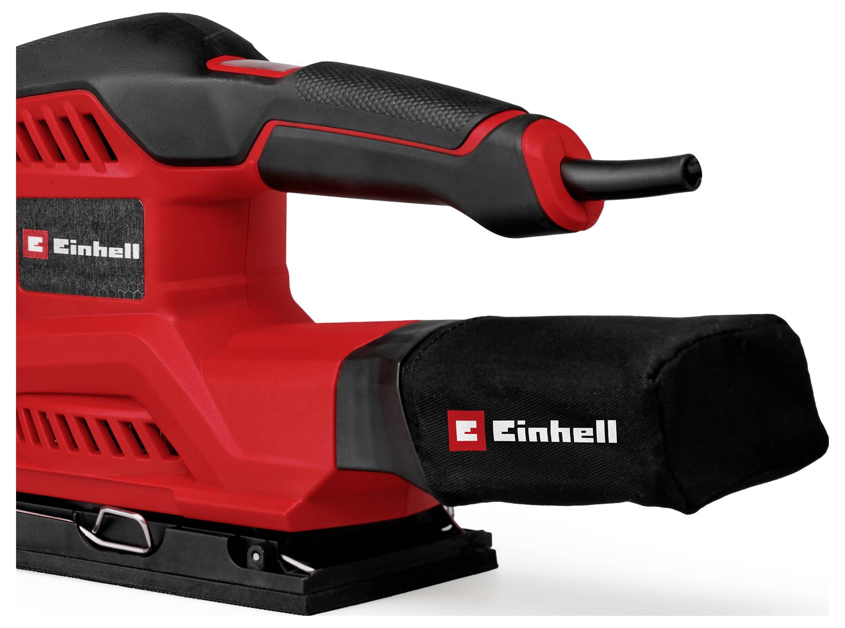 Rotes und schwarzes Einhell-Elektroschleifdoher mit Vordergriff und Staubsack auf weißem Hintergrund.