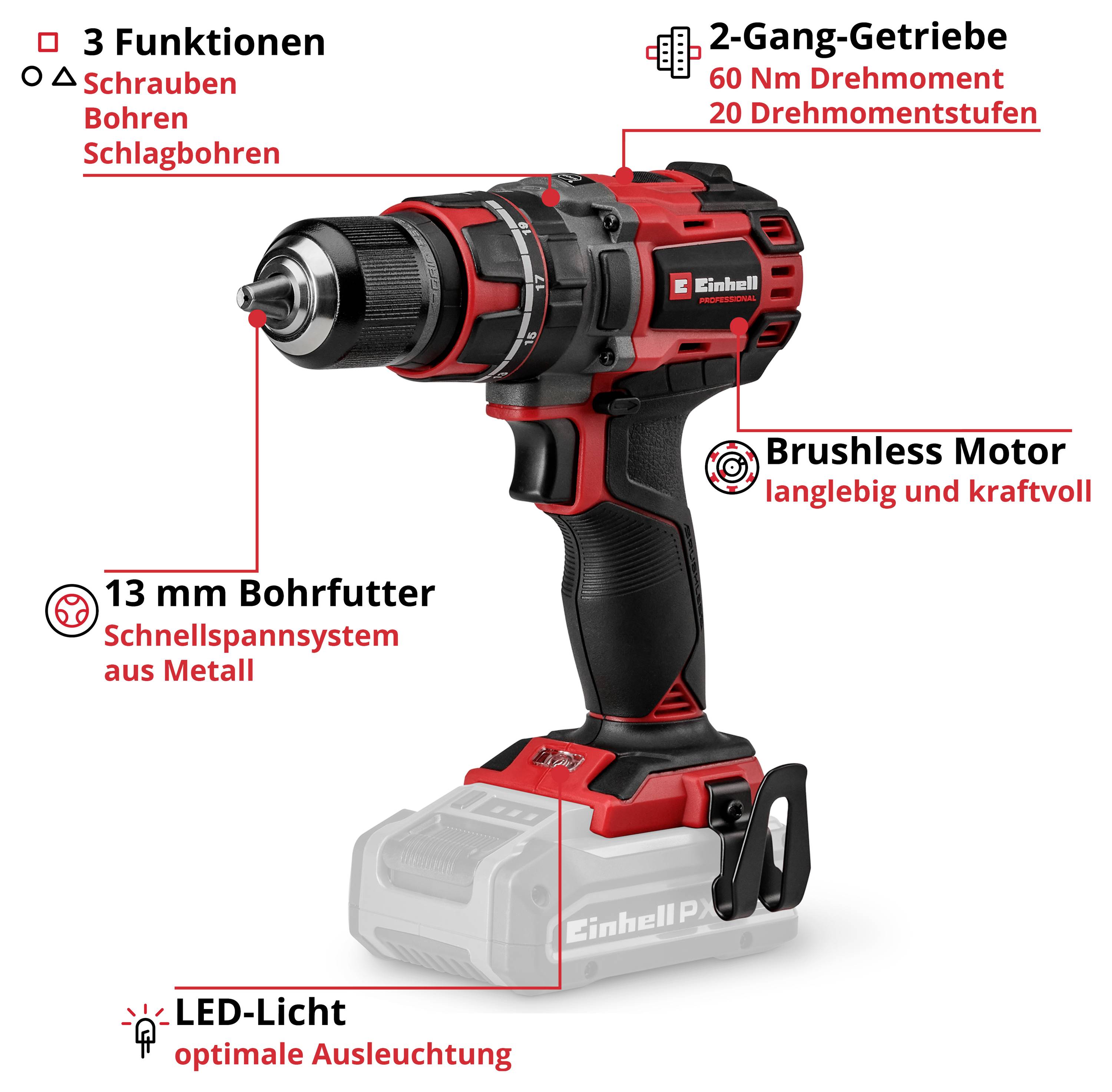 Illustration eines Akku-Bohrschraubers mit Hinweisen auf 3 Funktionen, 2-Gang-Getriebe, Brushless Motor, 13 mm Schnellspannbohrfutter und LED-Licht.