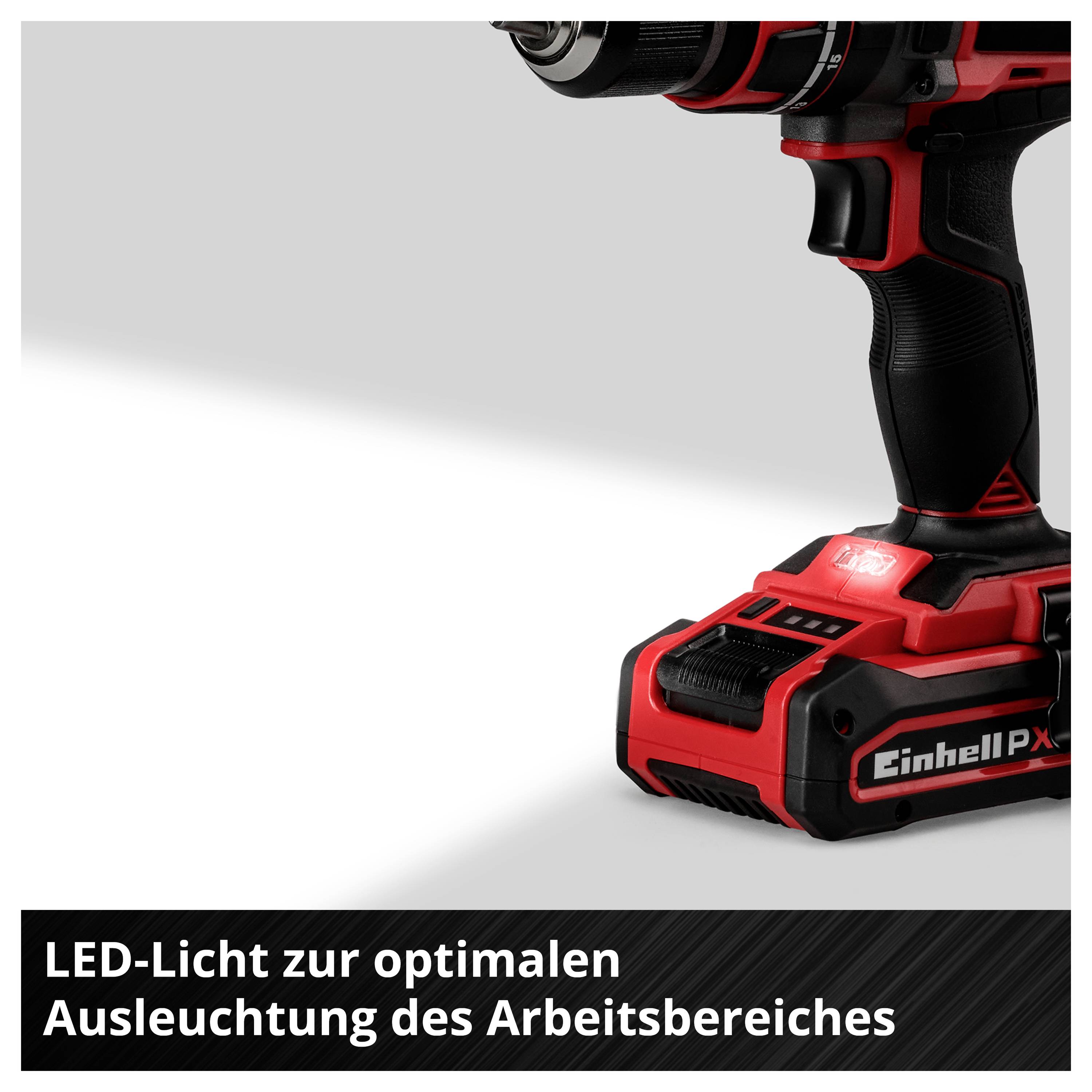Roter Akku-Bohrschrauber mit eingeschaltetem LED-Licht; Text: 'LED-Licht zur optimalen Ausleuchtung des Arbeitsbereiches'.