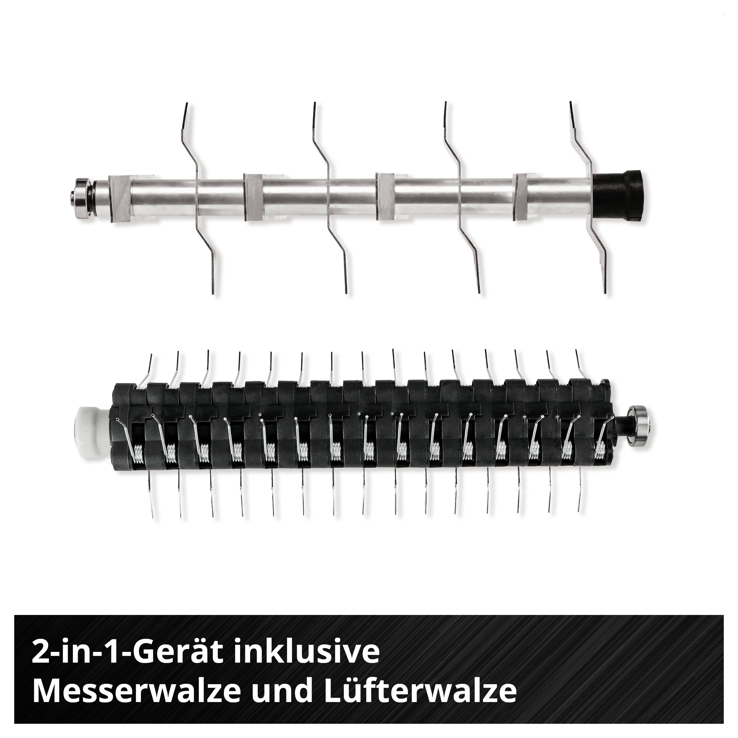 2-in-1-Gerät mit Messerwalze und Lüfterwalze, zwei Walzen für unterschiedliche Rasenpflegefunktionen.