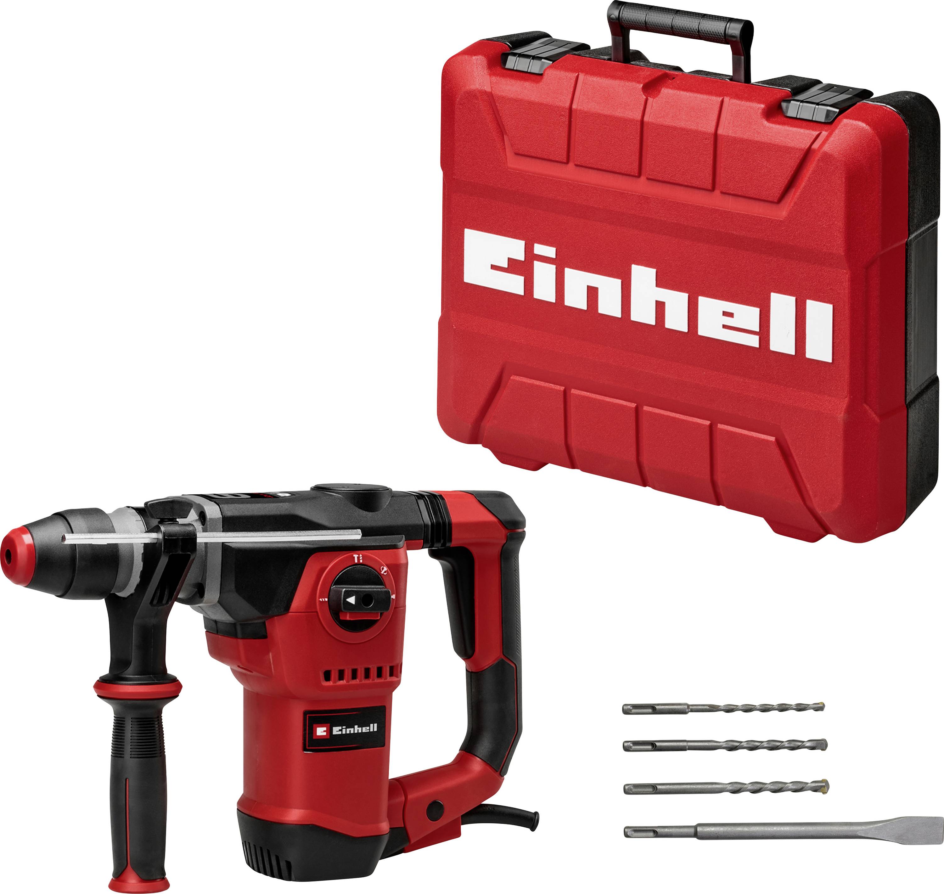 Einhell-Schlagbohrmaschinen-Set mit rotem Transportkoffer, Seitenschiff und drei Bohrern plus Meißel.