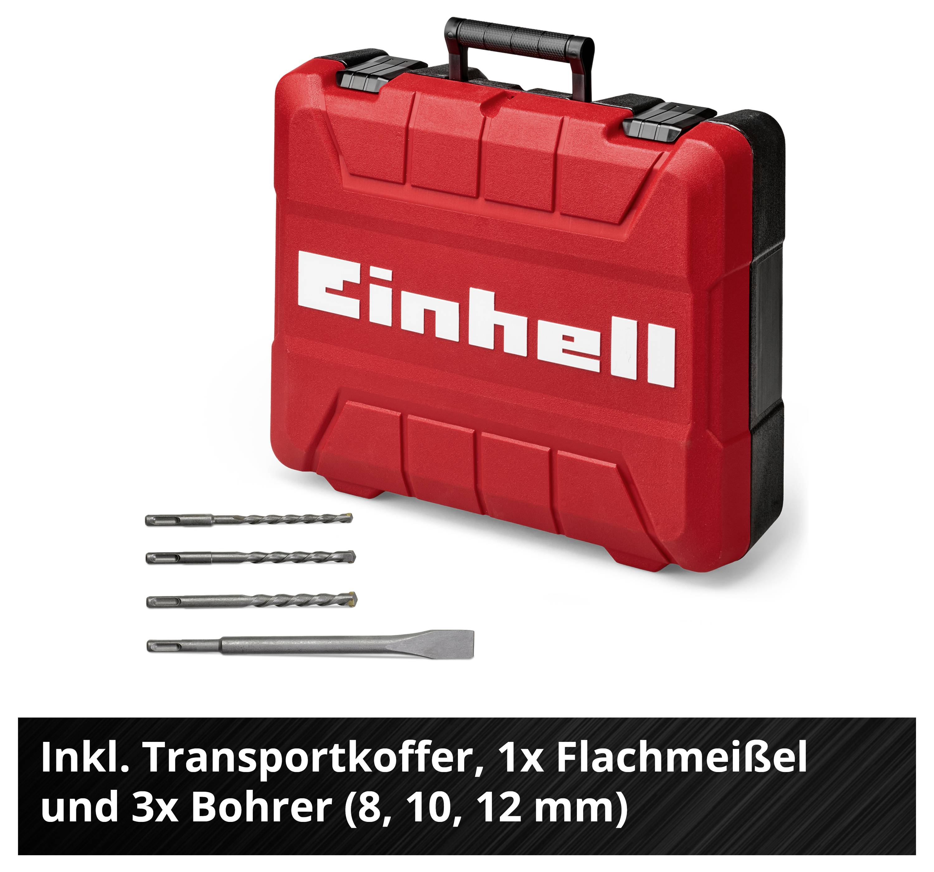 Roter Einhell-Transportkoffer mit 1 Flachmeißel und 3 Bohrern (8, 10, 12 mm); Zubehör für Bohrarbeiten.