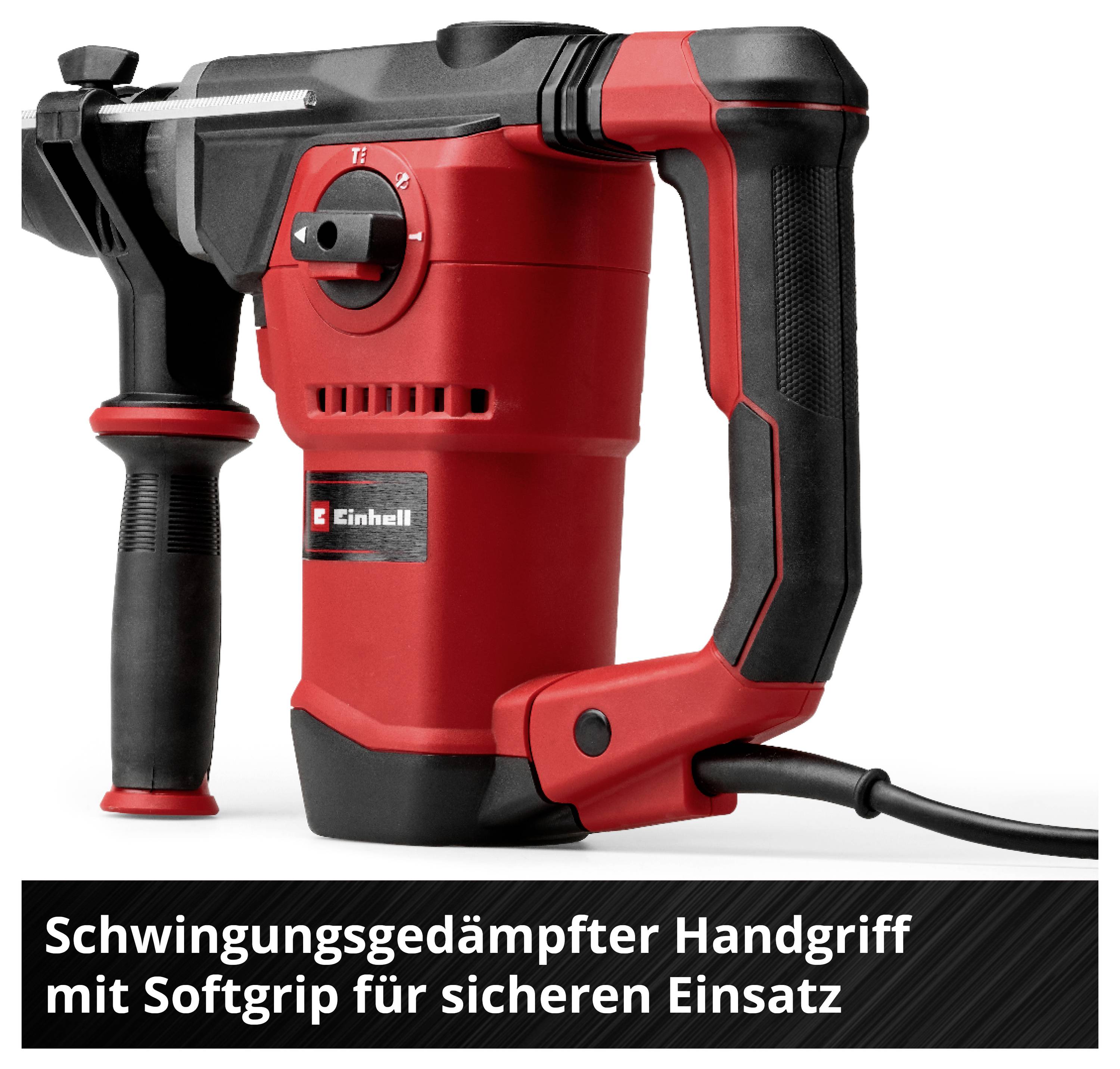 Roter elektrischer Bohrhammer mit Zusatzgriff und Softgrip; unten der Text 'Schwingungsgedämpfter Handgriff mit Softgrip für sicheren Einsatz'.