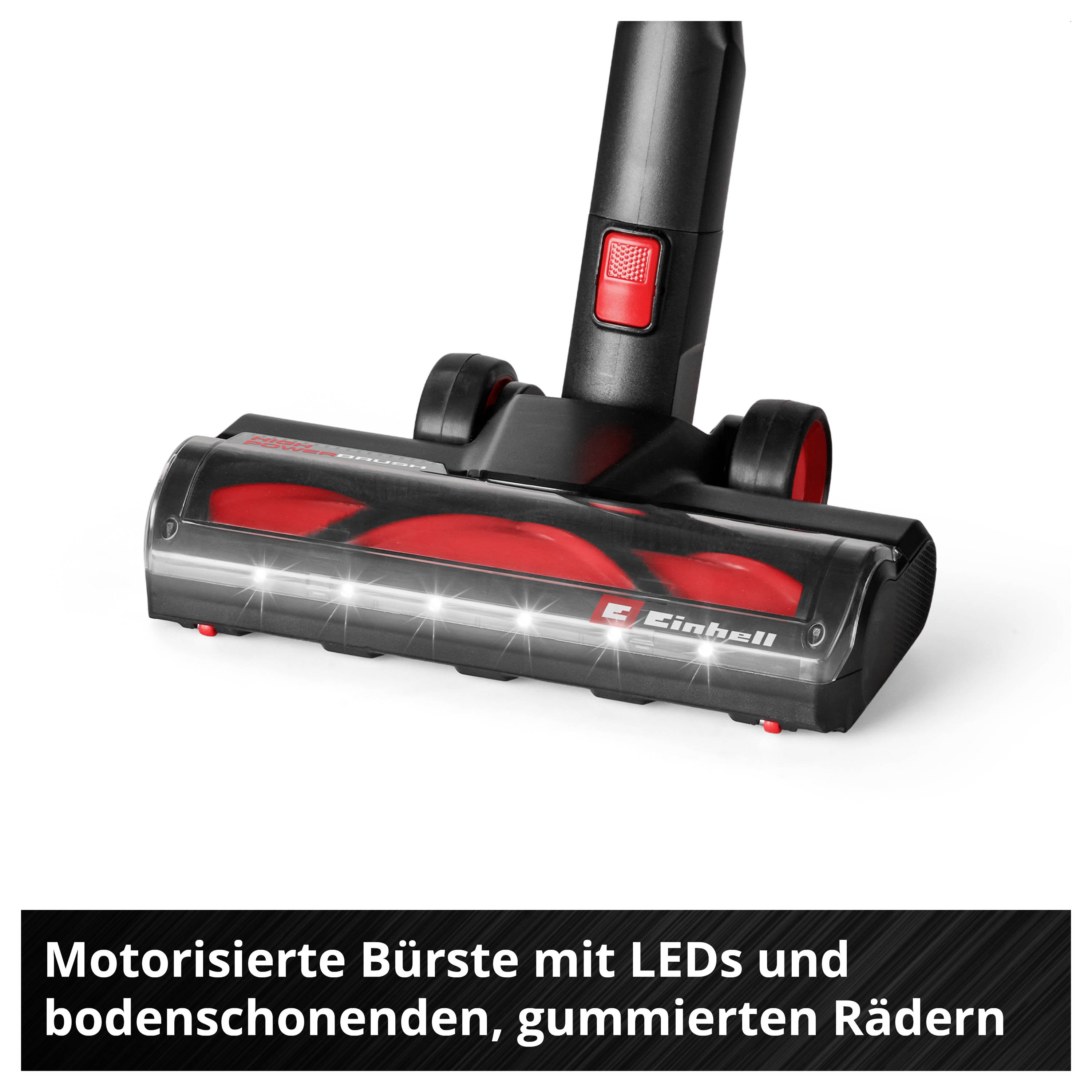 Motorisierte Staubsaugerbürste mit LEDs und gummierten Rädern; schwarzes Rot-Design von Einhell auf weißem Hintergrund.