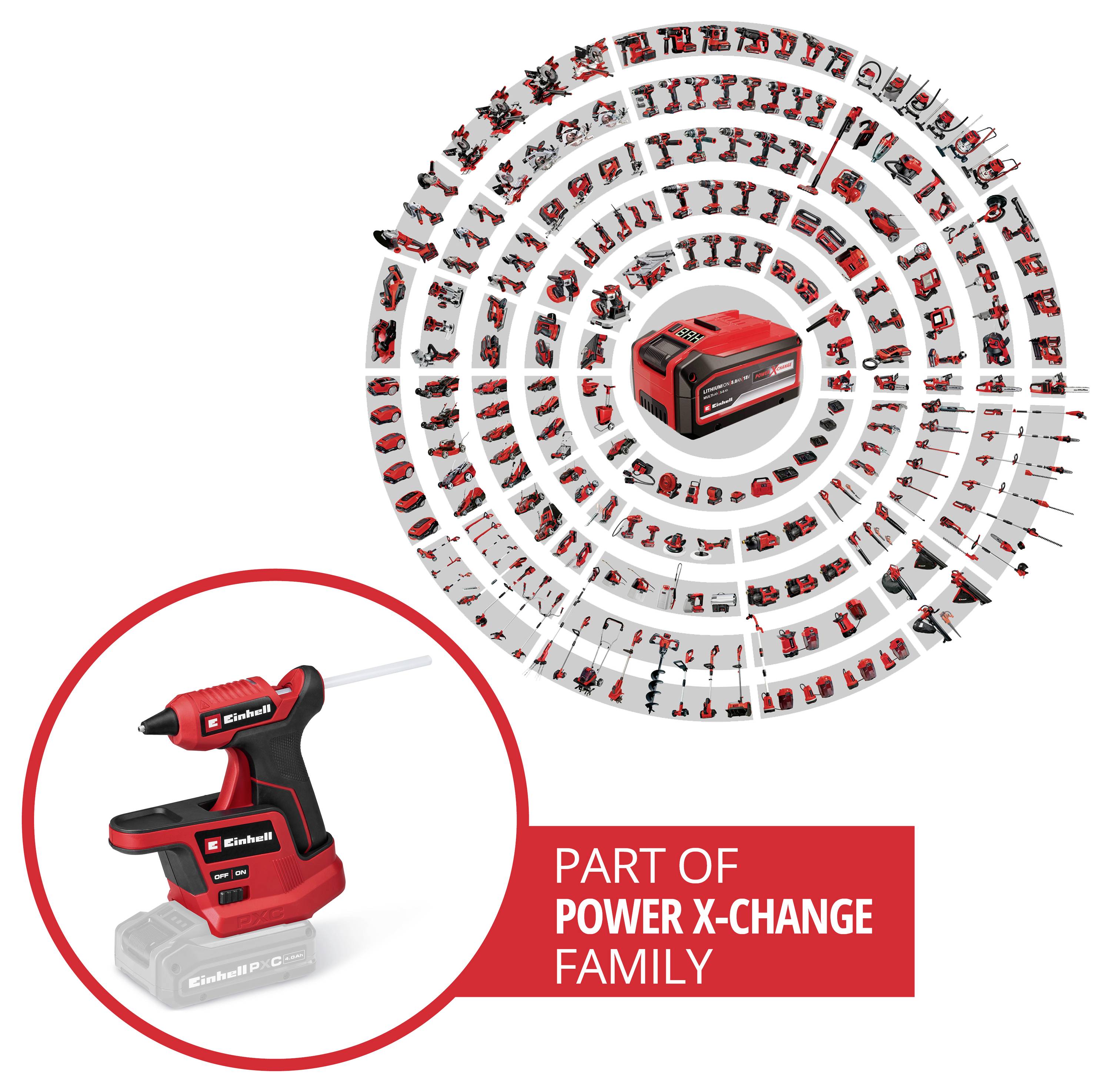 Einhell Power X-Change Familie Grafik zeigt eine kabellose Heißklebepistole und viele kompatible Werkzeuge in einer kreisförmigen Produktaufreihung angeordnet.