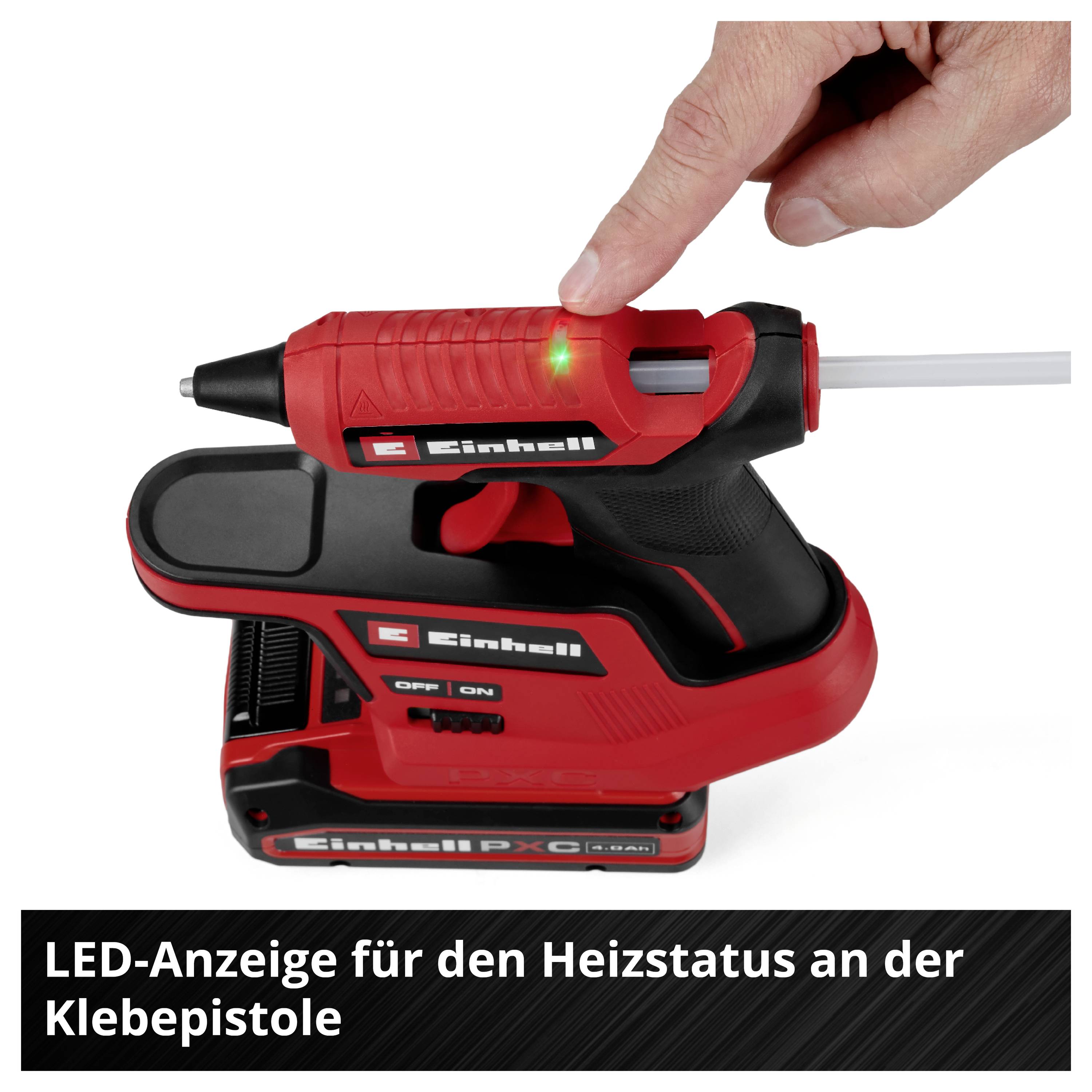 Kabellose Einhell-Klebepistole mit leuchtender LED am Gehäuse; Finger zeigt auf die Heizstatus-Anzeige. Untertitel: 'LED-Anzeige für den Heizstatus an der Klebepistole'