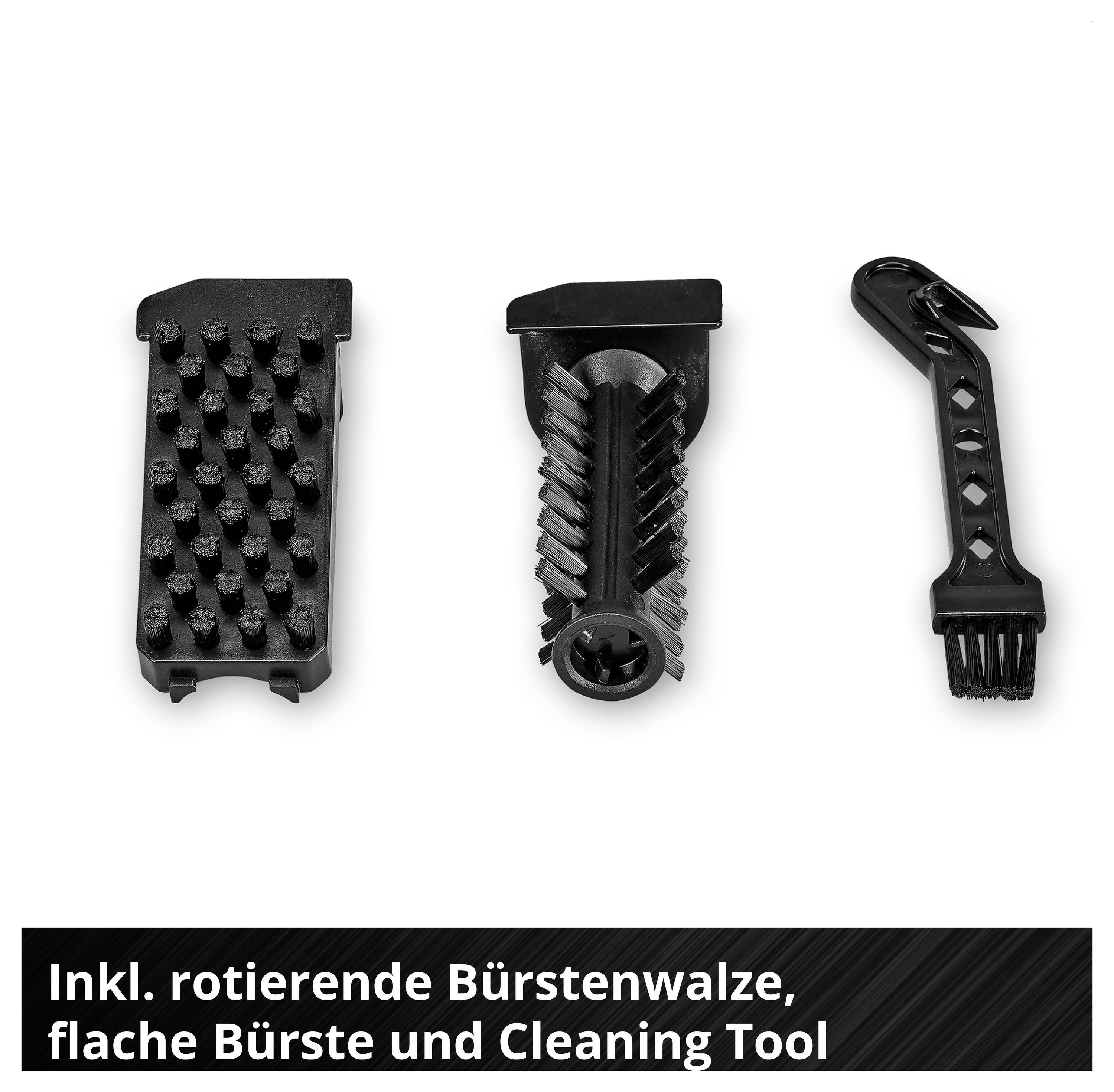 Drei schwarze Reinigungsaufsätze: rotierende Bürstenwalze, flache Bürste und Cleaning-Tool; darunter der Text 'Inkl. rotierende Bürstenwalze, flache Bürste und Cleaning Tool'.