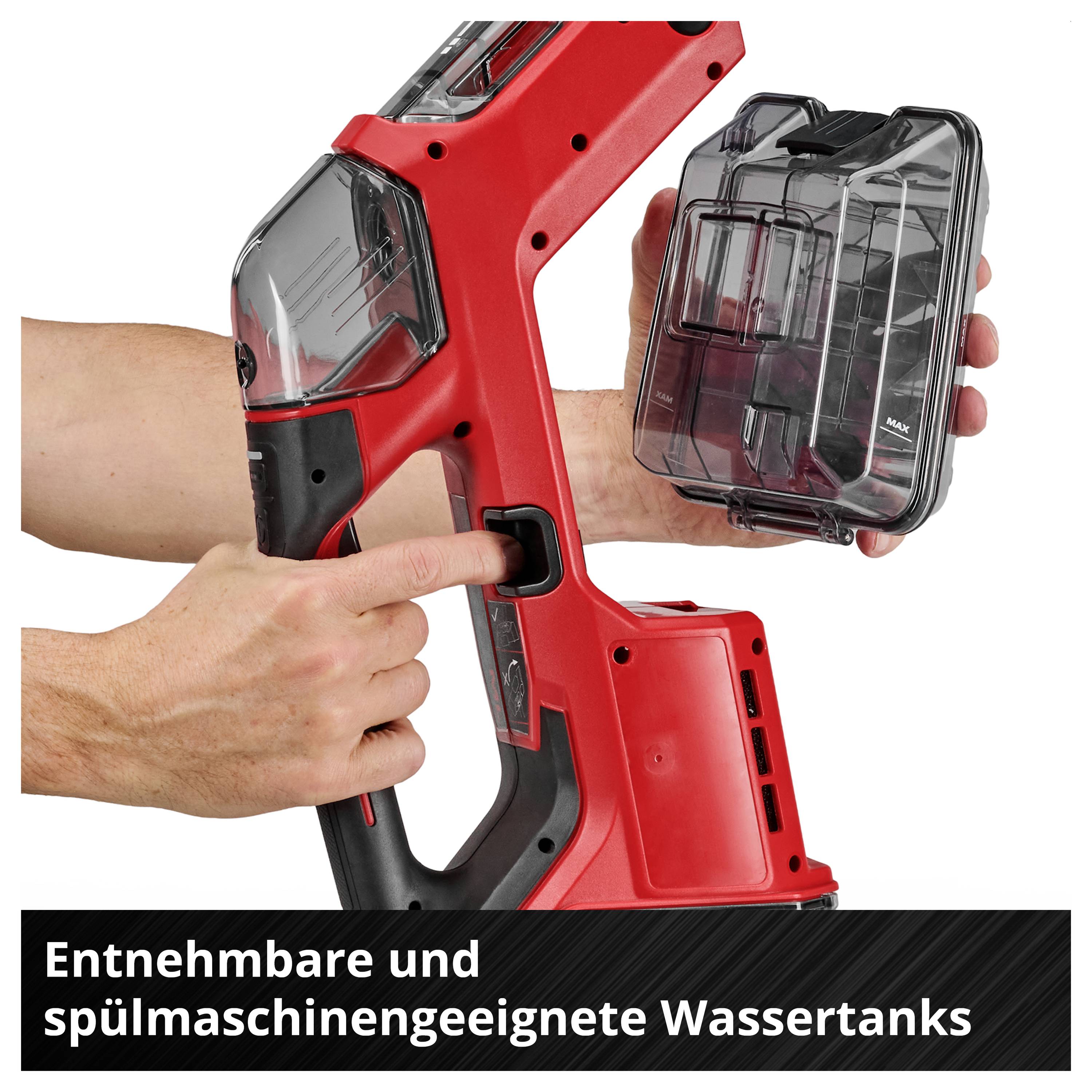 Rote Handstaubsauger-Ansicht mit abnehmbarem Wassertank; Text: 'Entnehmbare und spülmaschineneignete Wassertanks'