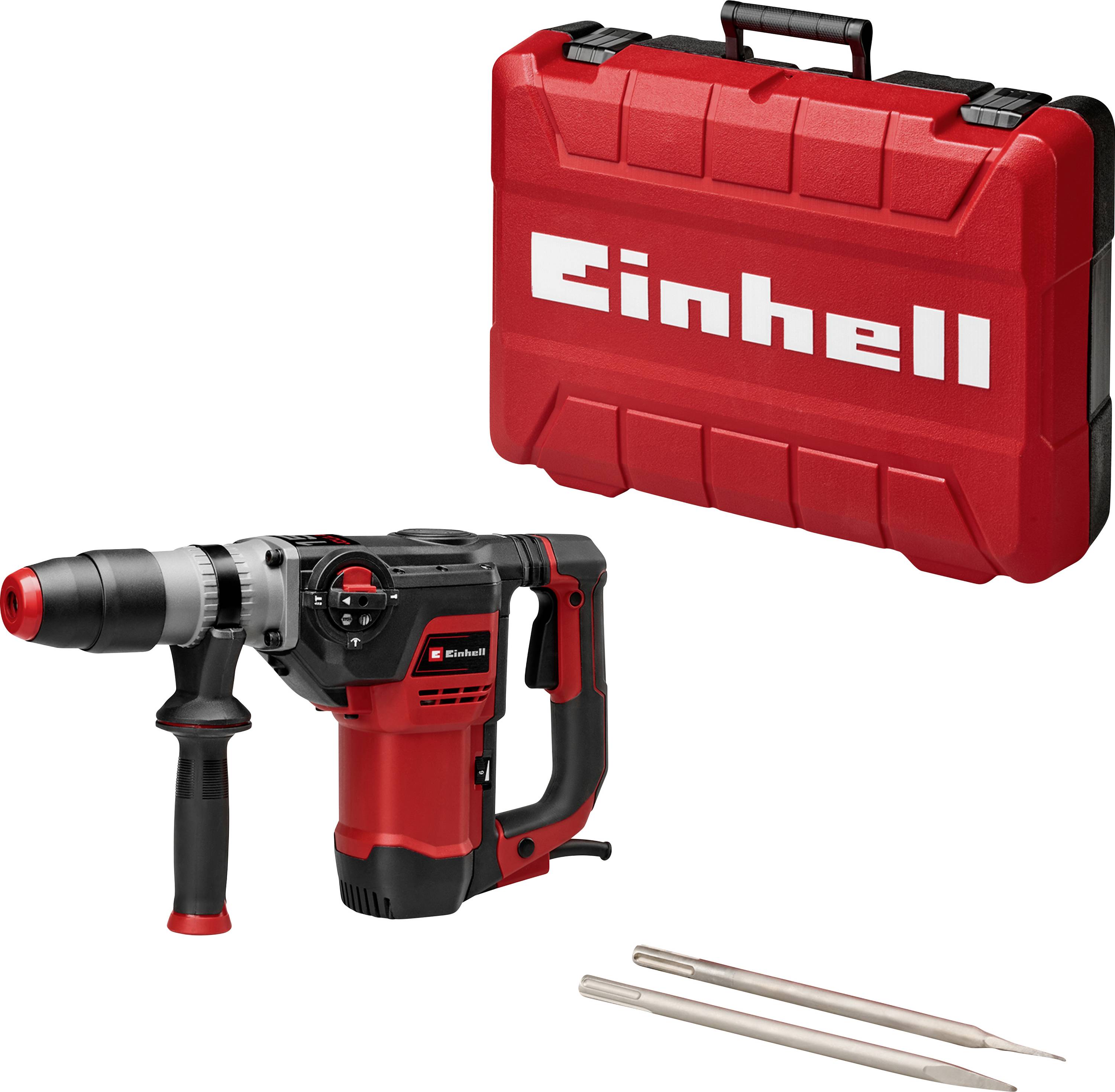 Einhell Bohrhammer mit Transportkoffer und zwei Meißeln auf weißem Hintergrund.