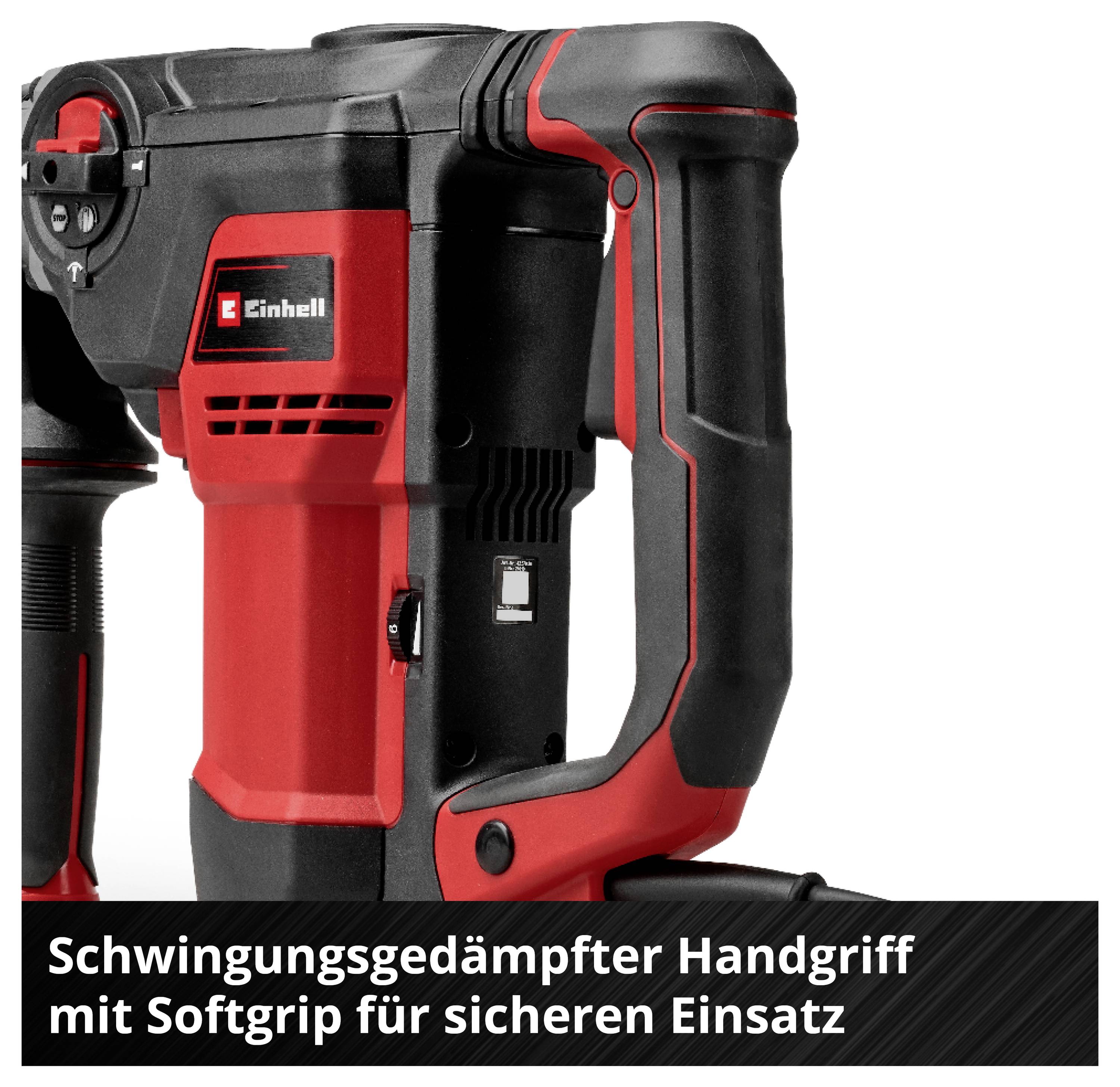 Nahaufnahme eines roten und schwarzen Einhell-Bohrhammers mit Softgrip und vibrationsgedämpftem Handgriff; unten steht 'Schwingungsgedämpfter Handgriff mit Softgrip für sicheren Einsatz'.