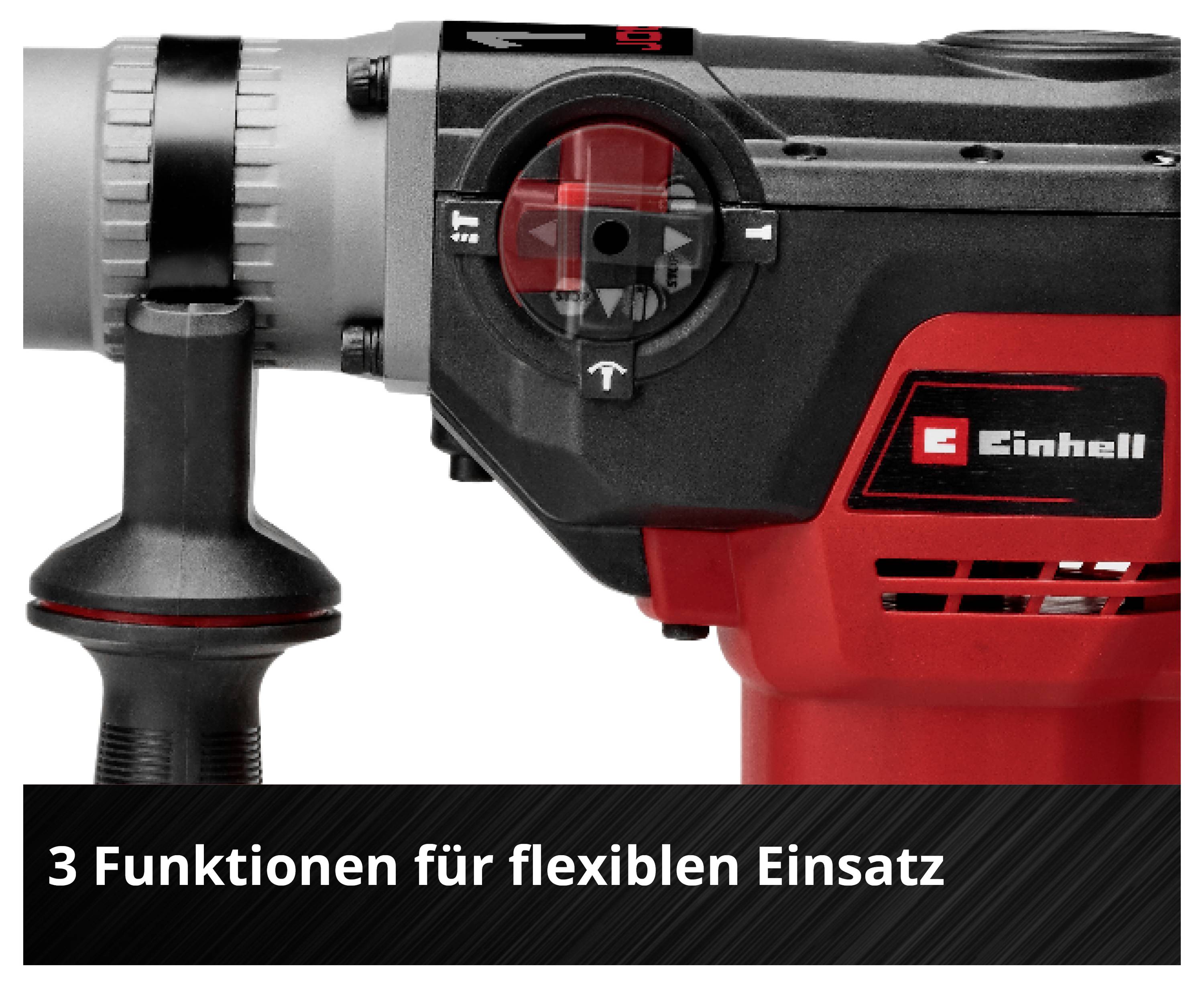 Bohrhammer von Einhell mit Zusatzgriff und Funktionswahlschalter; unten der Hinweis '3 Funktionen für flexiblen Einsatz'.