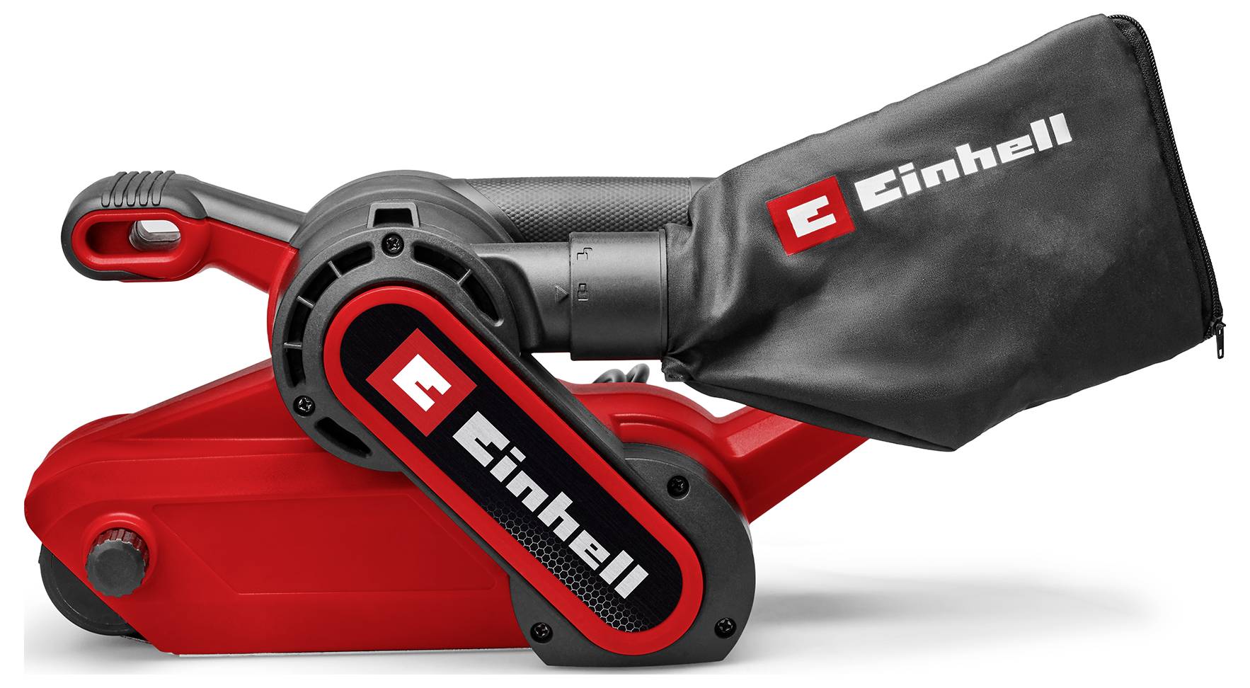Roter Einhell-Elektrobläser/Staubsauger mit angehängtem schwarzem Auffangbeutel auf weißem Hintergrund.