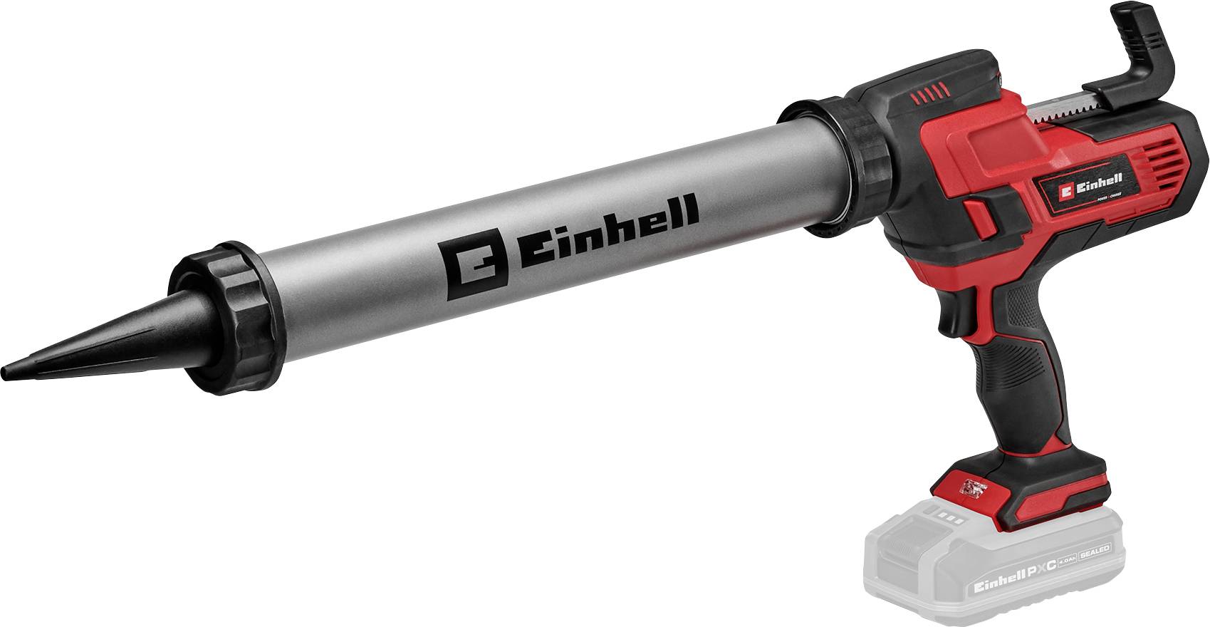 Schnurloses Einhell-Dichtmittelgewehr mit langem Lauf und spitzer Düse, gezeigt auf weißem Hintergrund mit angebrachter Batteriebasis.