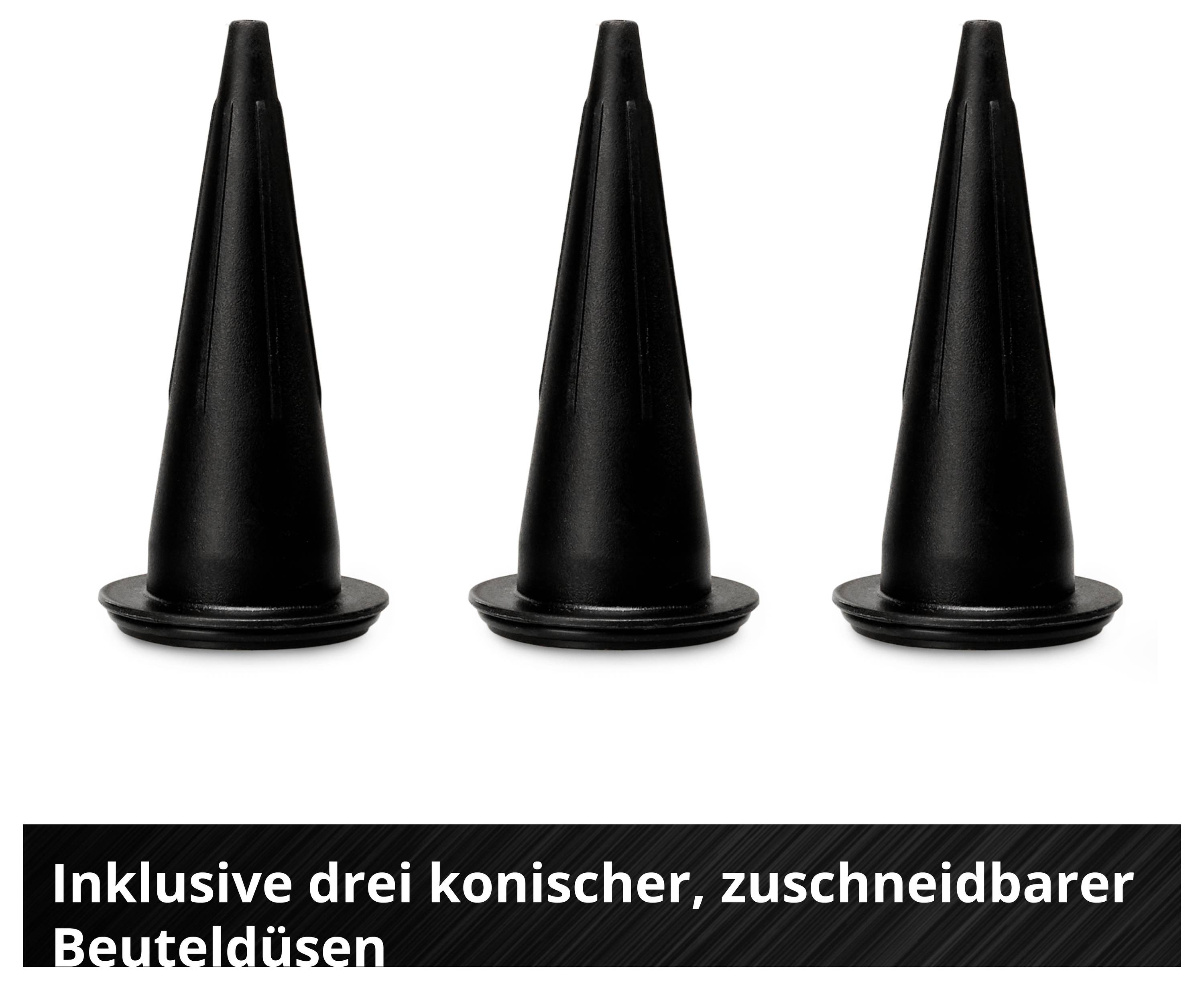 Drei schwarze, konische, zuschneidbare Beuteldüsen auf weißem Hintergrund; darunter steht 'Inklusive drei konischer, zuschneidbarer Beuteldüsen'.
