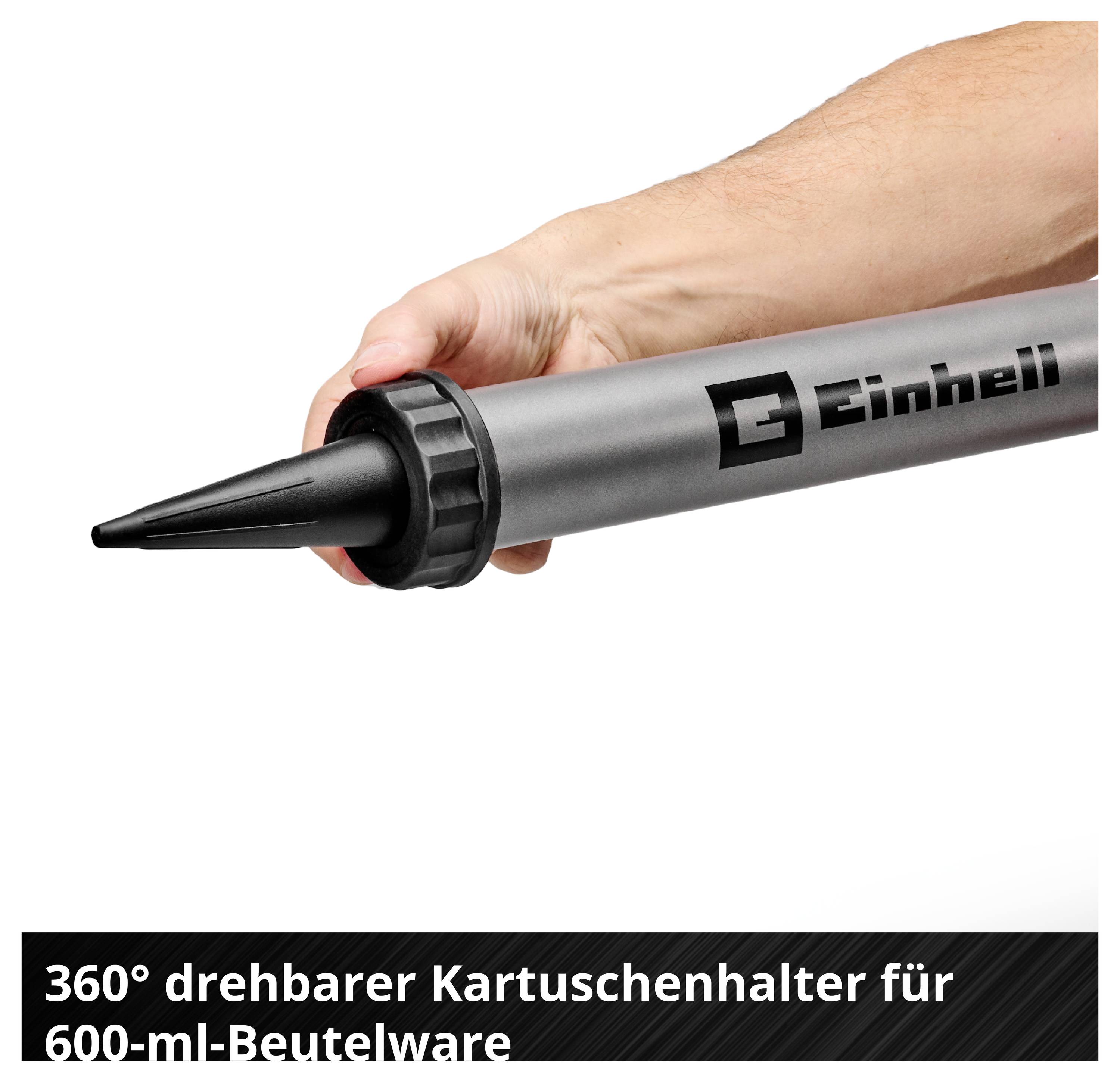 Hand hält einen Einhell-Kartuschenhalter mit schwarzer Düse; unten steht '360° drehbarer Kartuschenhalter für 600-mL-Beutelware'.