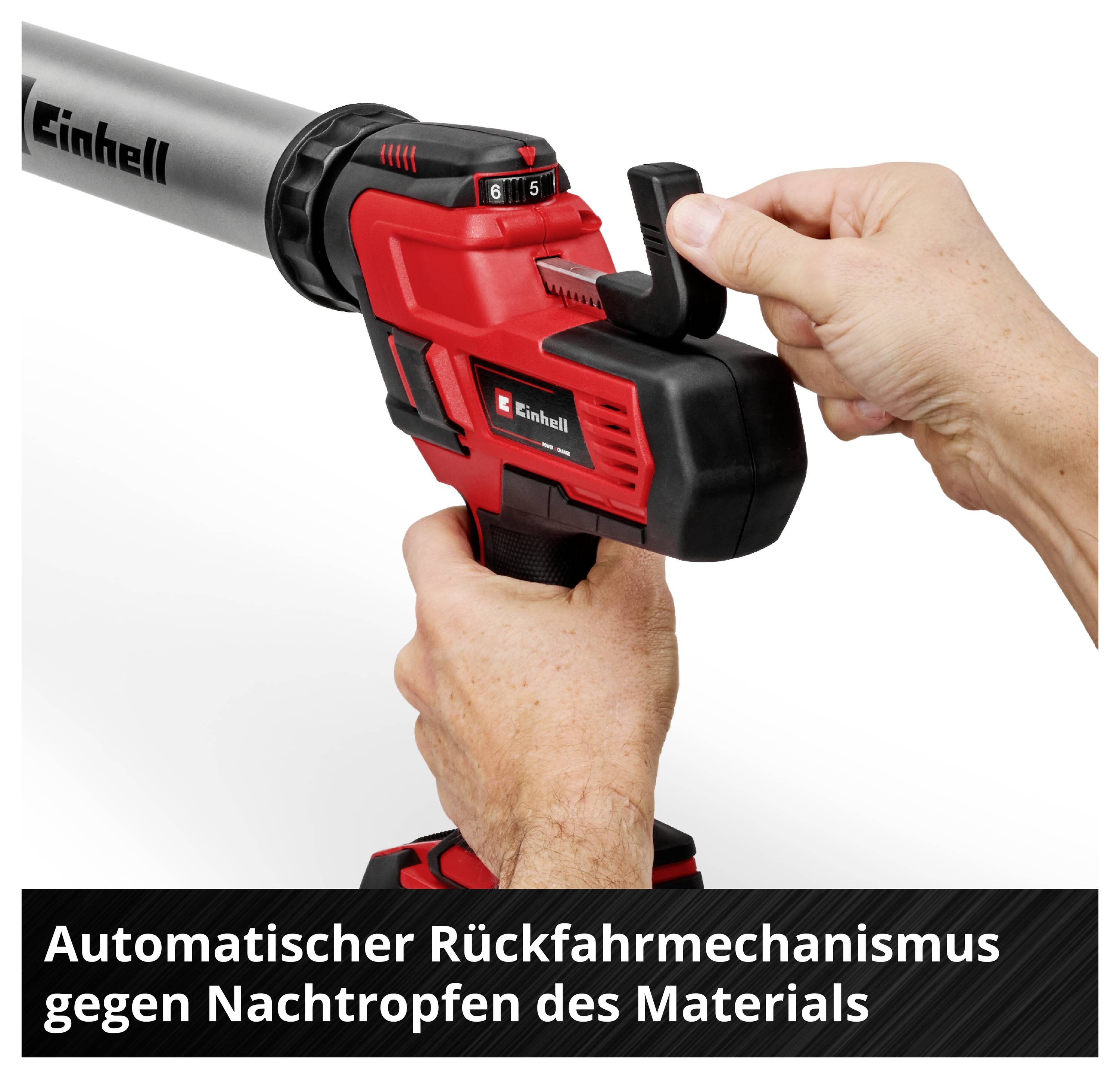 Nahaufnahme eines Akku-Rohrreinigers mit Handkurbel; Text: 'Automatischer Rückfahrmechanismus gegen Nachtropfen des Materials'.