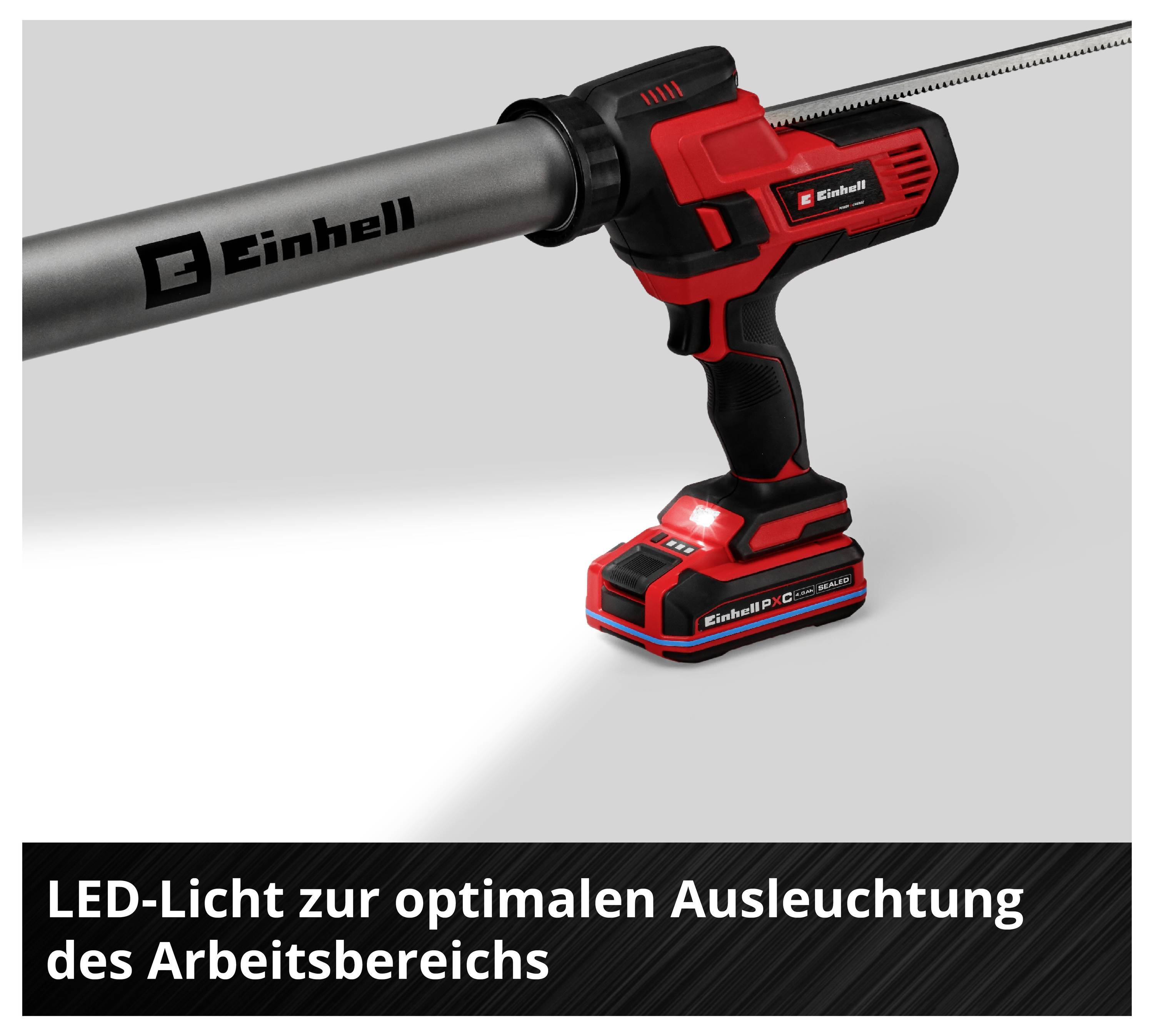 Akku-Dichtpistole von Einhell mit LED-Licht; Text: 'LED-Licht zur optimalen Ausleuchtung des Arbeitsbereichs'