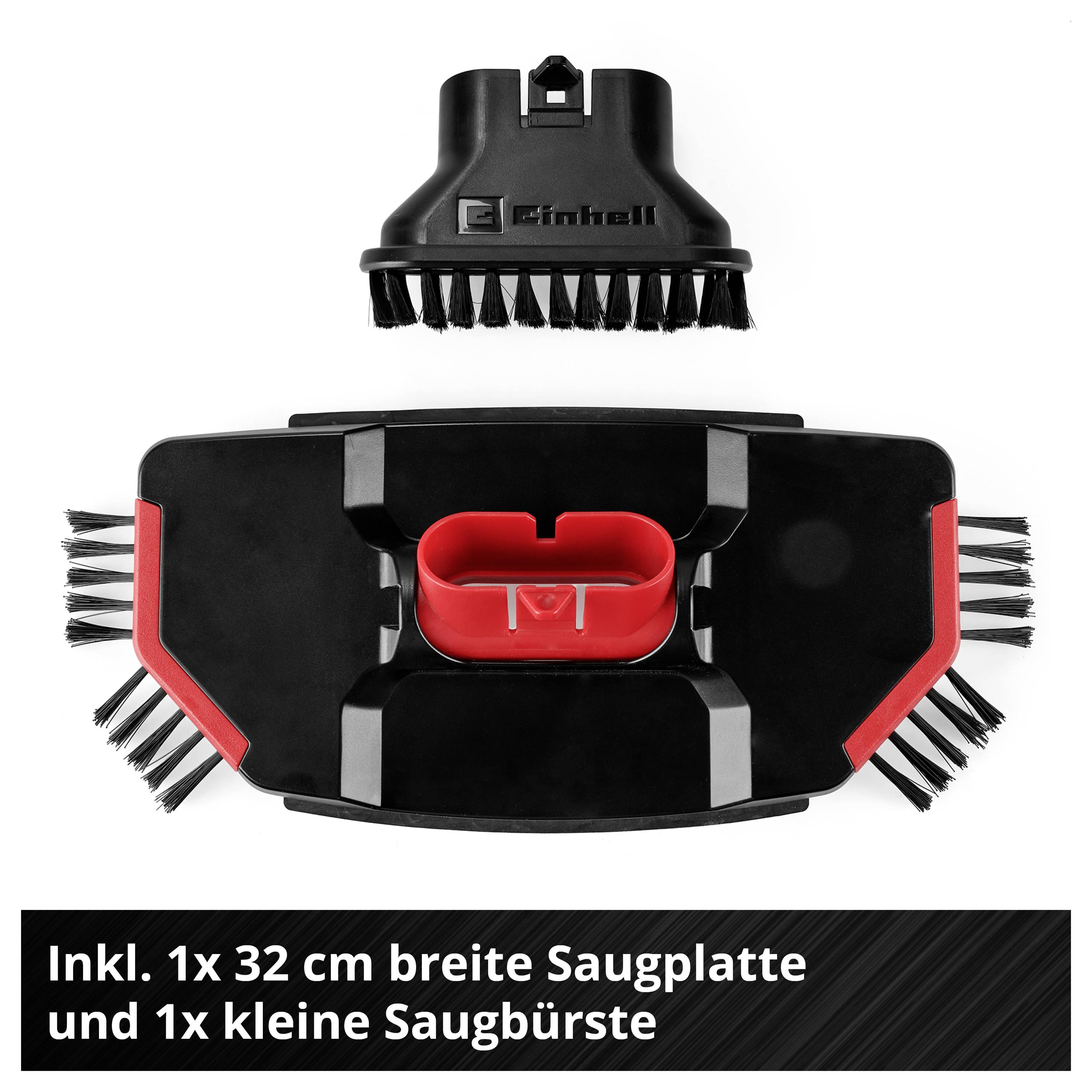Abgebildet sind eine Saugplatte und eine kleine Saugbürste für einen Staubsauger; Text nennt 'inkl. 1x 32 cm breite Saugplatte und 1x kleine Saugbürste'.
