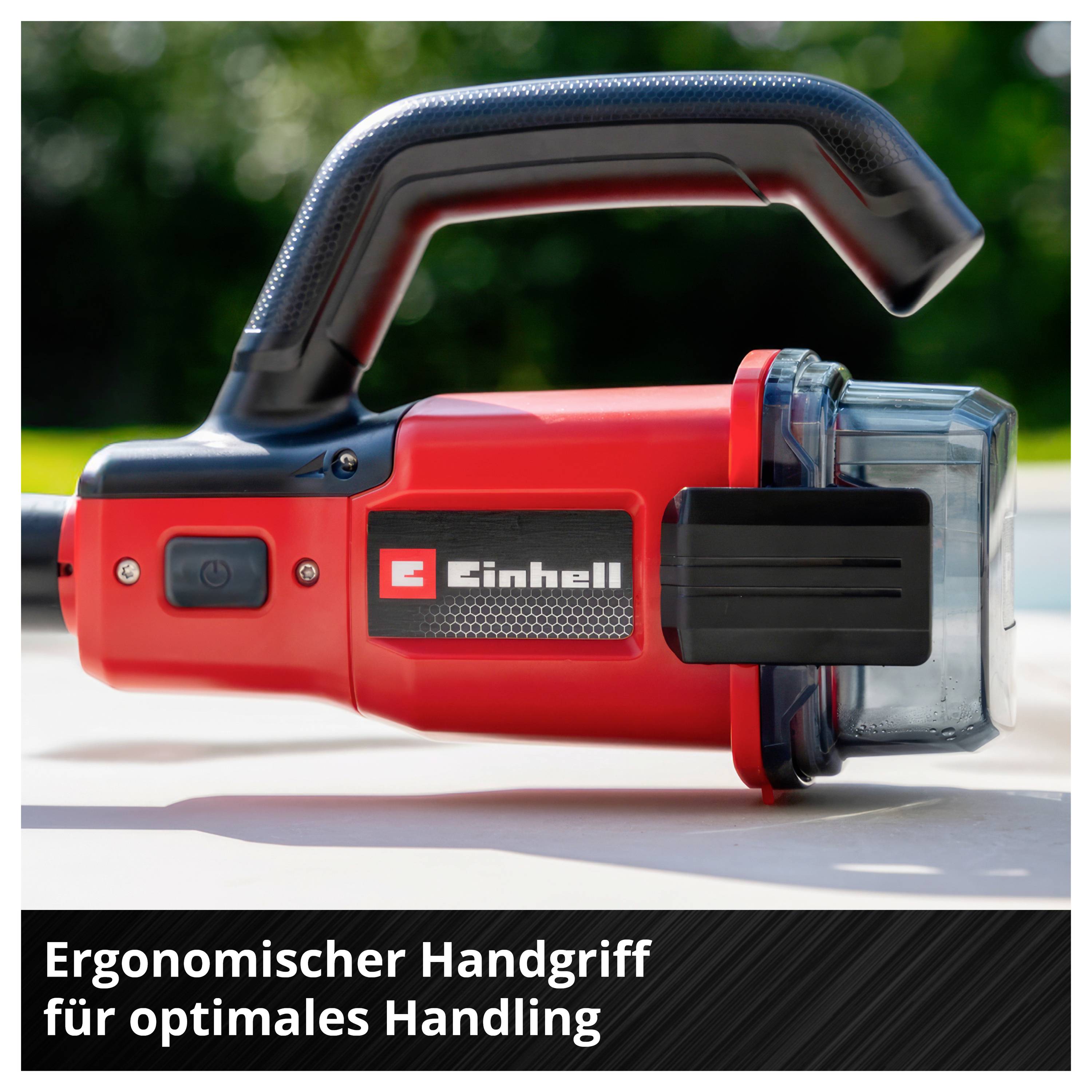 Rote Einhell-Akku-Handlampe mit Griff und transparentem Frontgehäuse; Text: 'Ergonomischer Handgriff für optimales Handling'.