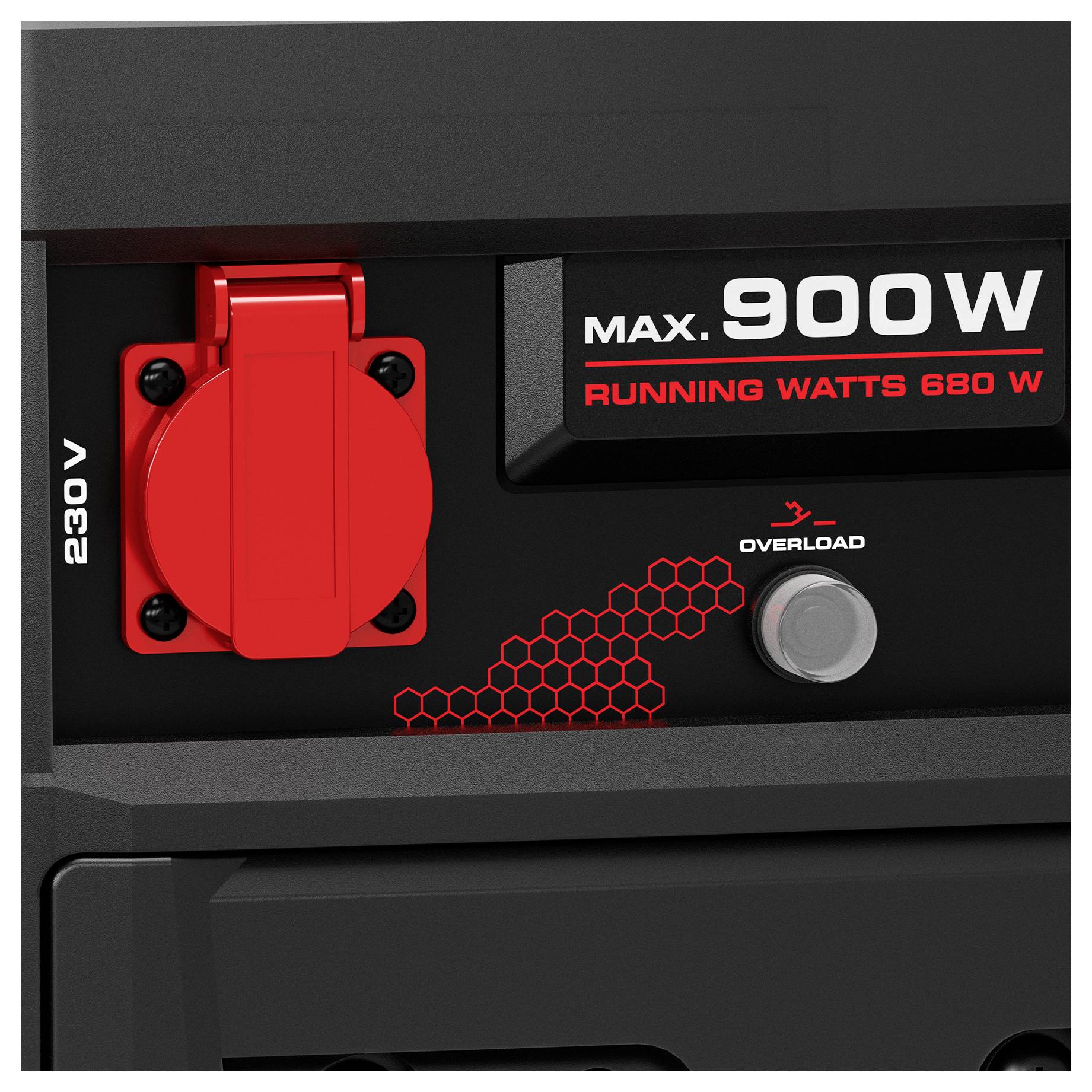 Nahaufnahme einer Generatorsteuertafel mit einer roten 230V-Steckdose, Bezeichnungen „MAX. 900W