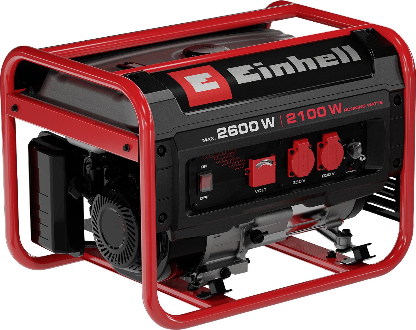 Tragbarer rot-schwarzer Einhell-Benzingenerator mit Metallrahmen, mit einer Beschriftung von 2600 W Maximalleistung und 2100 W Nennleistung, mit Steuersteckdosen und Schalterpanel.