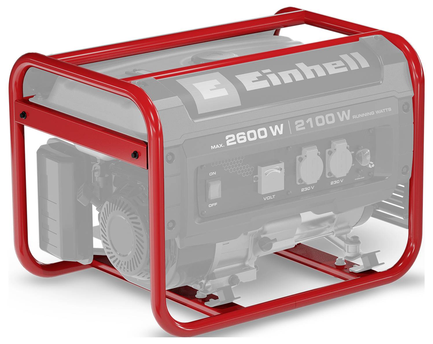 Tragbarer Einhell-Generator in einem roten Schutzrahmen, gekennzeichnet mit max. 2600 W und 2100 W, mit sichtbaren Steckdosen und Bedienungselementen.