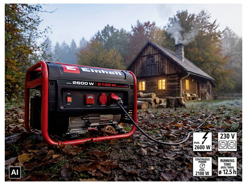 Tragbarer Einhell-Generator versorgt eine Waldhütte mit Strom; die Beschriftungen zeigen max. 2600 W, Dauerleistung 2100 W, 230 V und eine Laufzeit von 12,5 h.