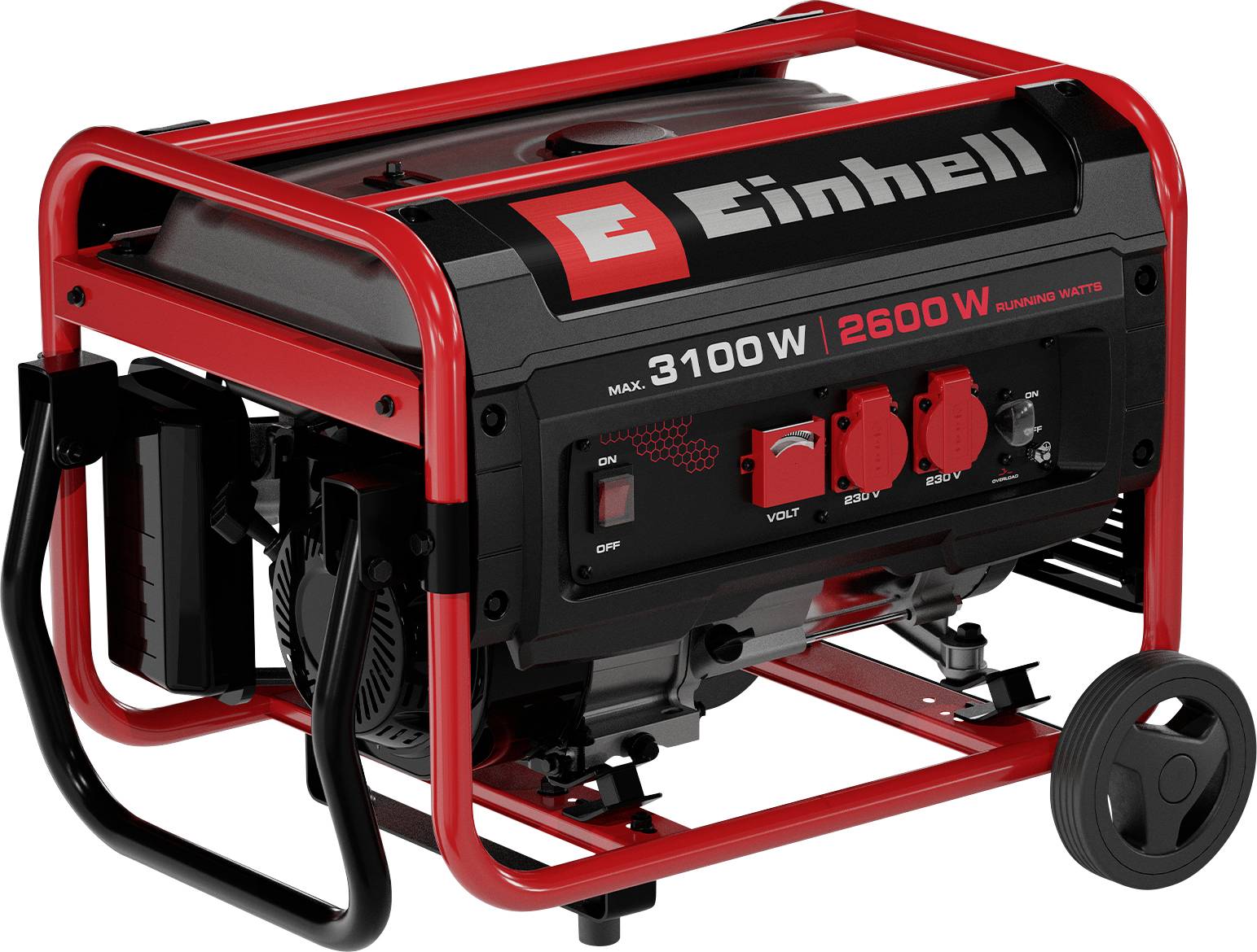 Roter und schwarzer tragbarer Einhell-Generator auf einem Fahrgestell mit Rädern, mit einer Bezeichnung von 3100W Spitzenleistung und 2600W Dauerleistung, mit Steckdosen an der Seite.